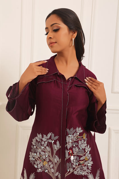 Purple Embroidered A Line Shirt Dress