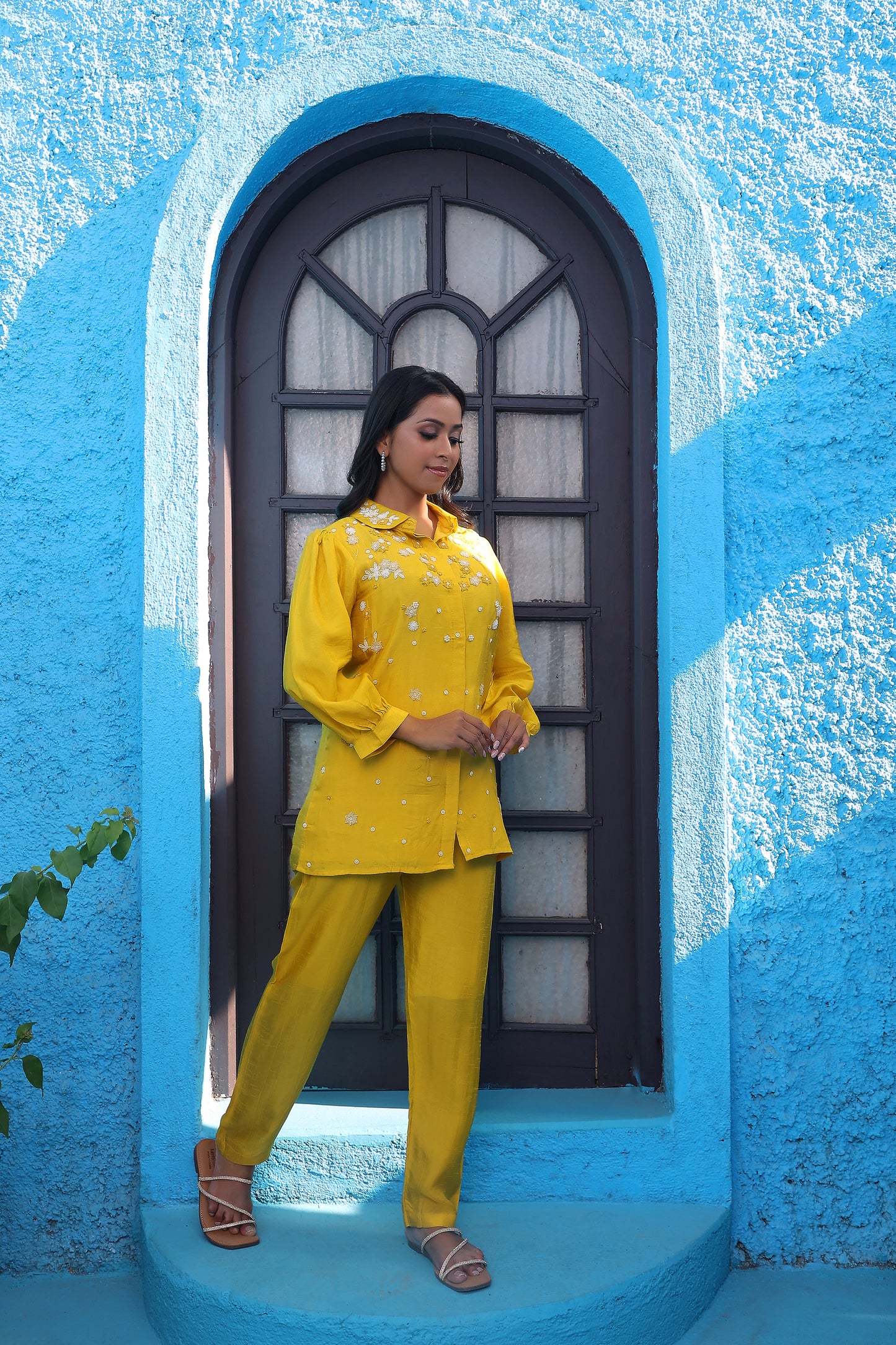Yellow Hand Pearl Embroidered Shirt Set
