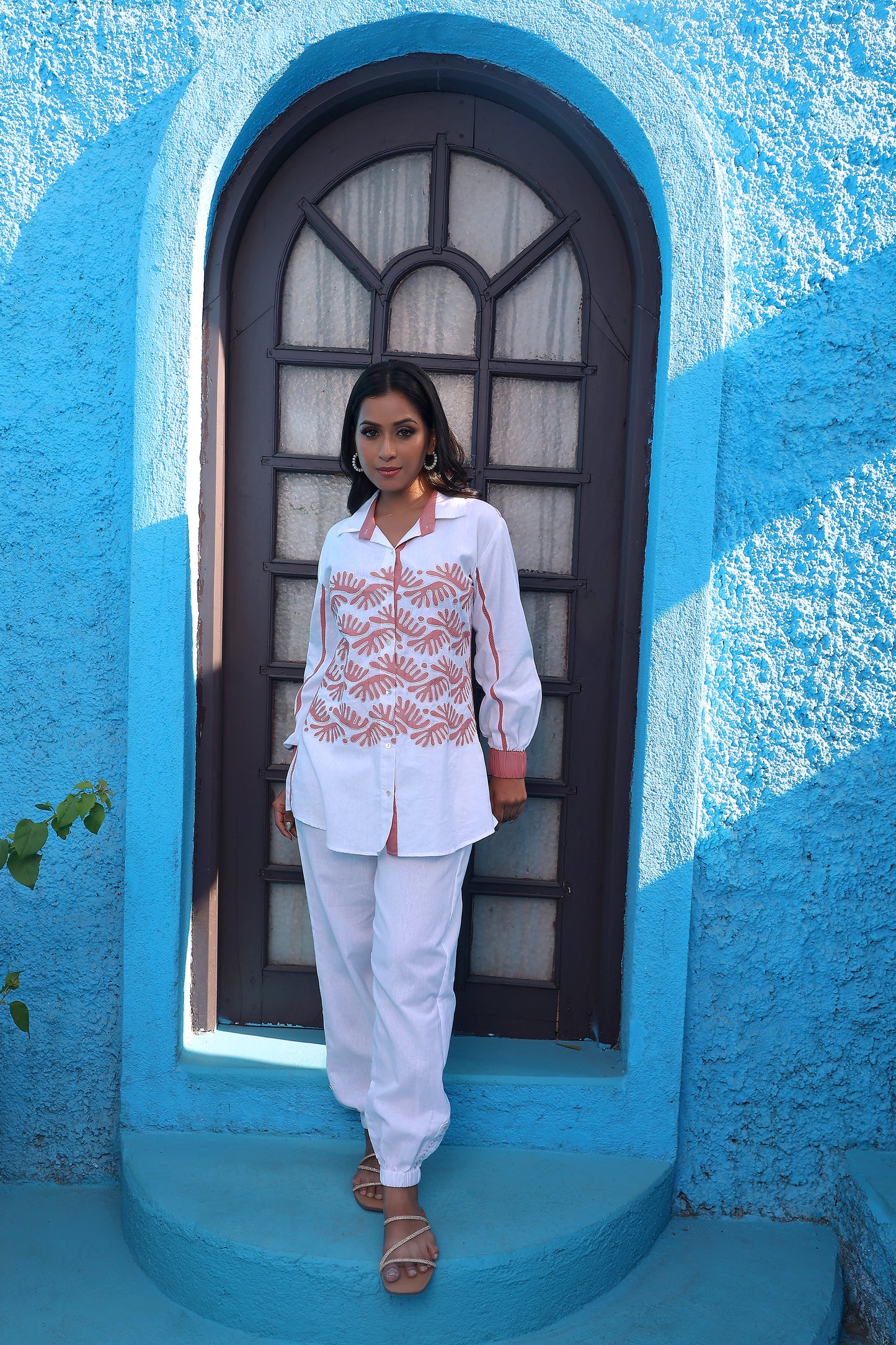 White Shirt Style Tunic Set With Embroidery