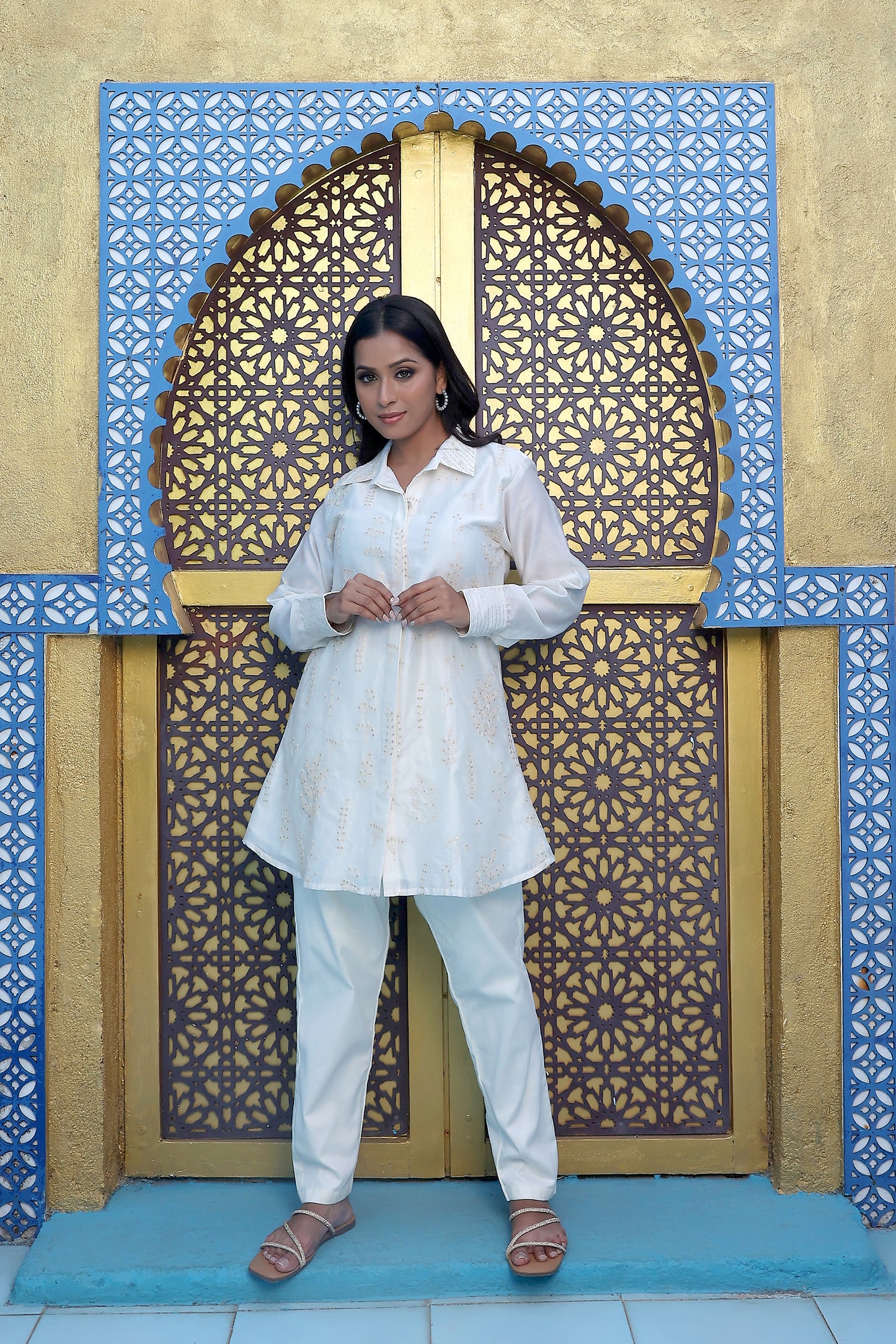 Off White & Gold Sequin Embroidered Tunic & Trouser Set