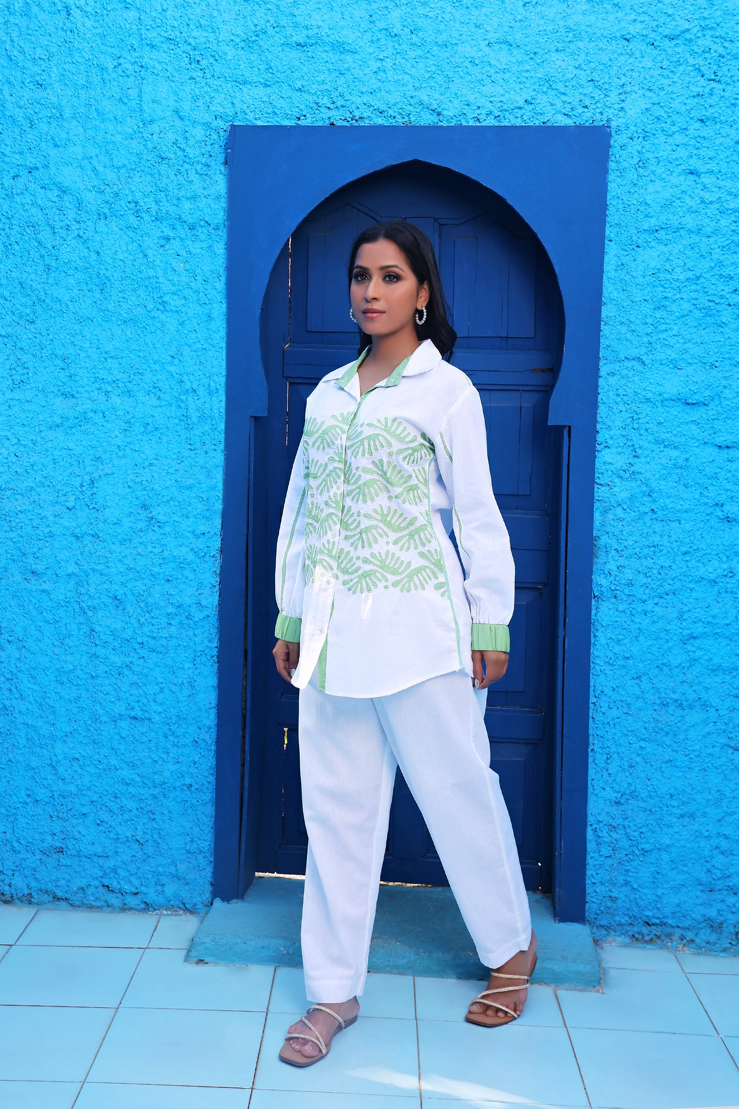 White Shirt Style Tunic Set With Green Embroidery