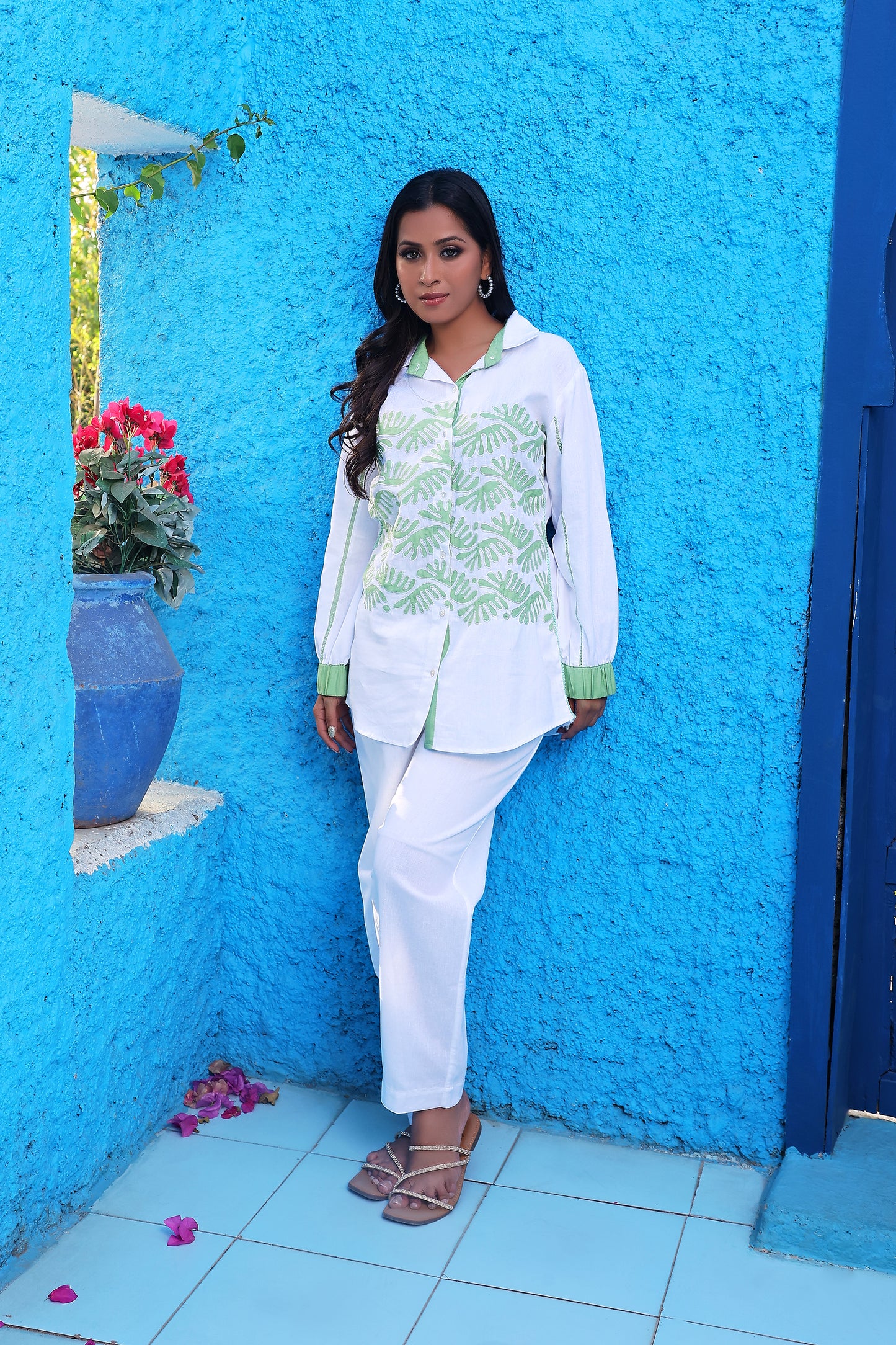 White Shirt Style Tunic Set With Green Embroidery