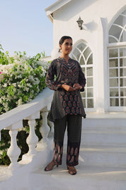 Kaftanize Black Contemporary Traditional Placement Print Tunic Set With Embellishment
