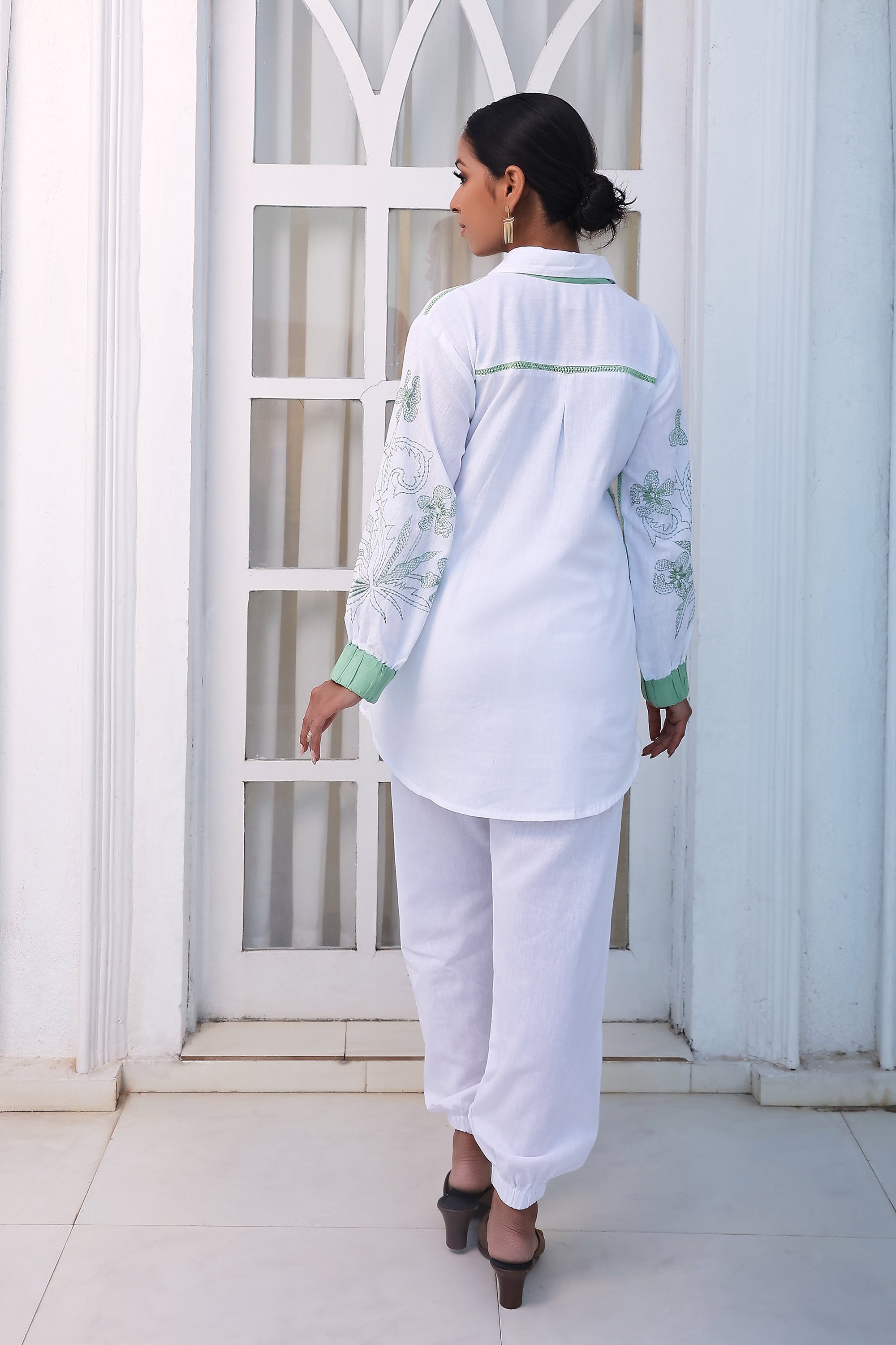 White Shirt Style Tunic With Embroidery - Kaftanize