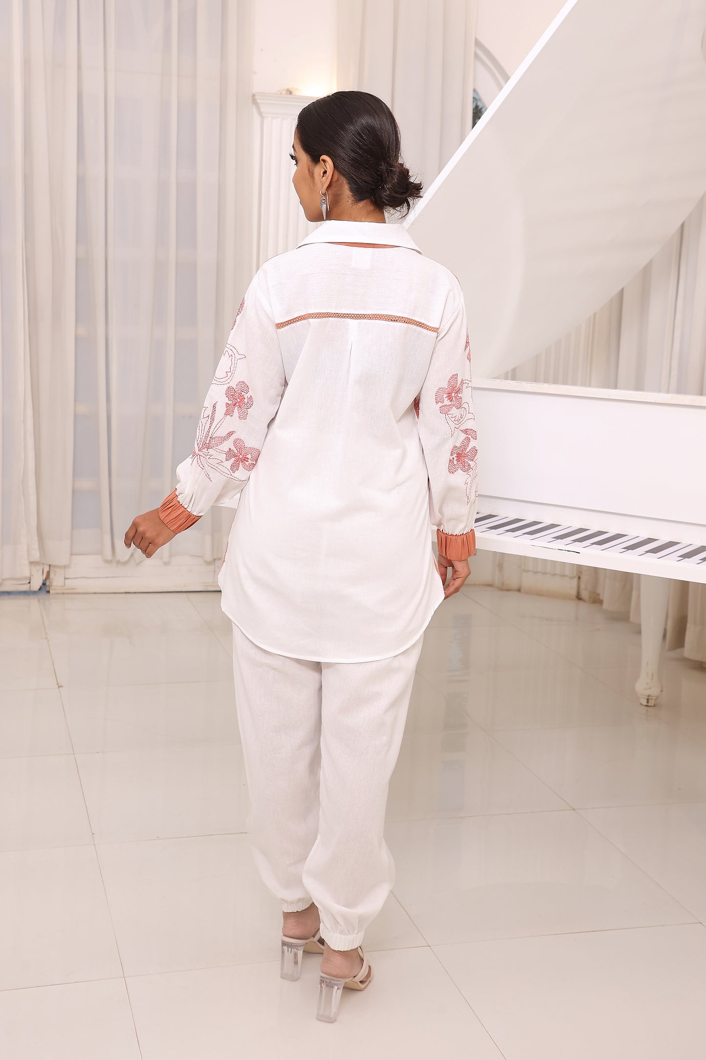 White Shirt Style Tunic Set With Embroidery