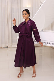 Purple Embroidered Cotton Flared Dress - Kaftanize