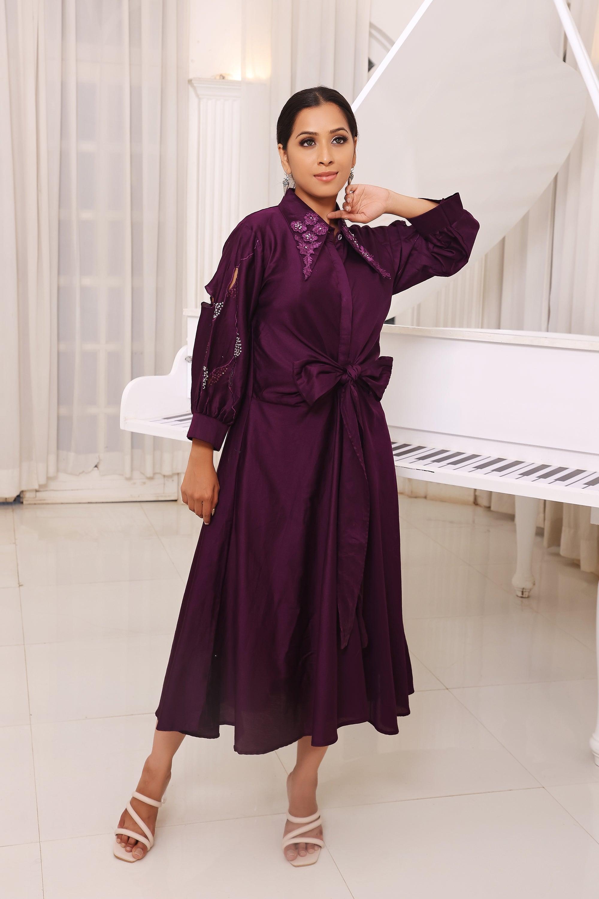 Purple Embroidered Cotton Flared Dress - Kaftanize