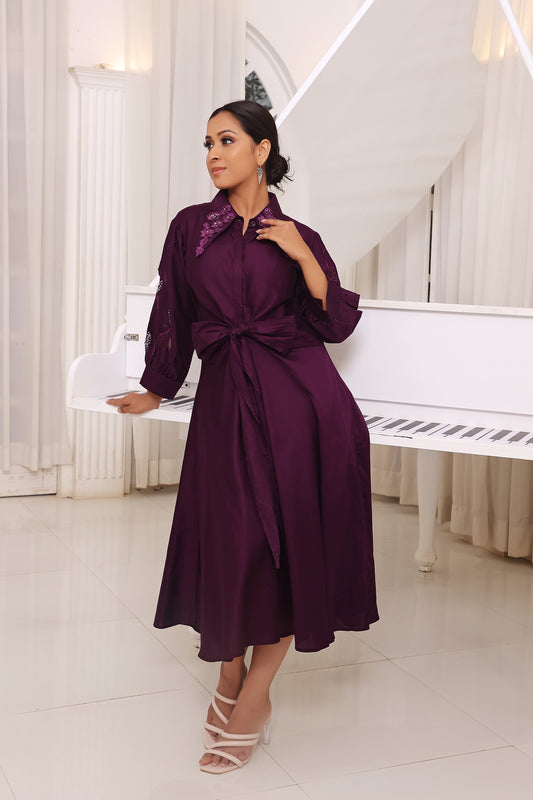 Purple Embroidered Cotton Flared Dress