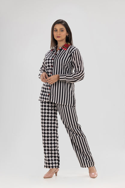 Partial Stripes and Chess Black & White Muslin Co-Ord Set