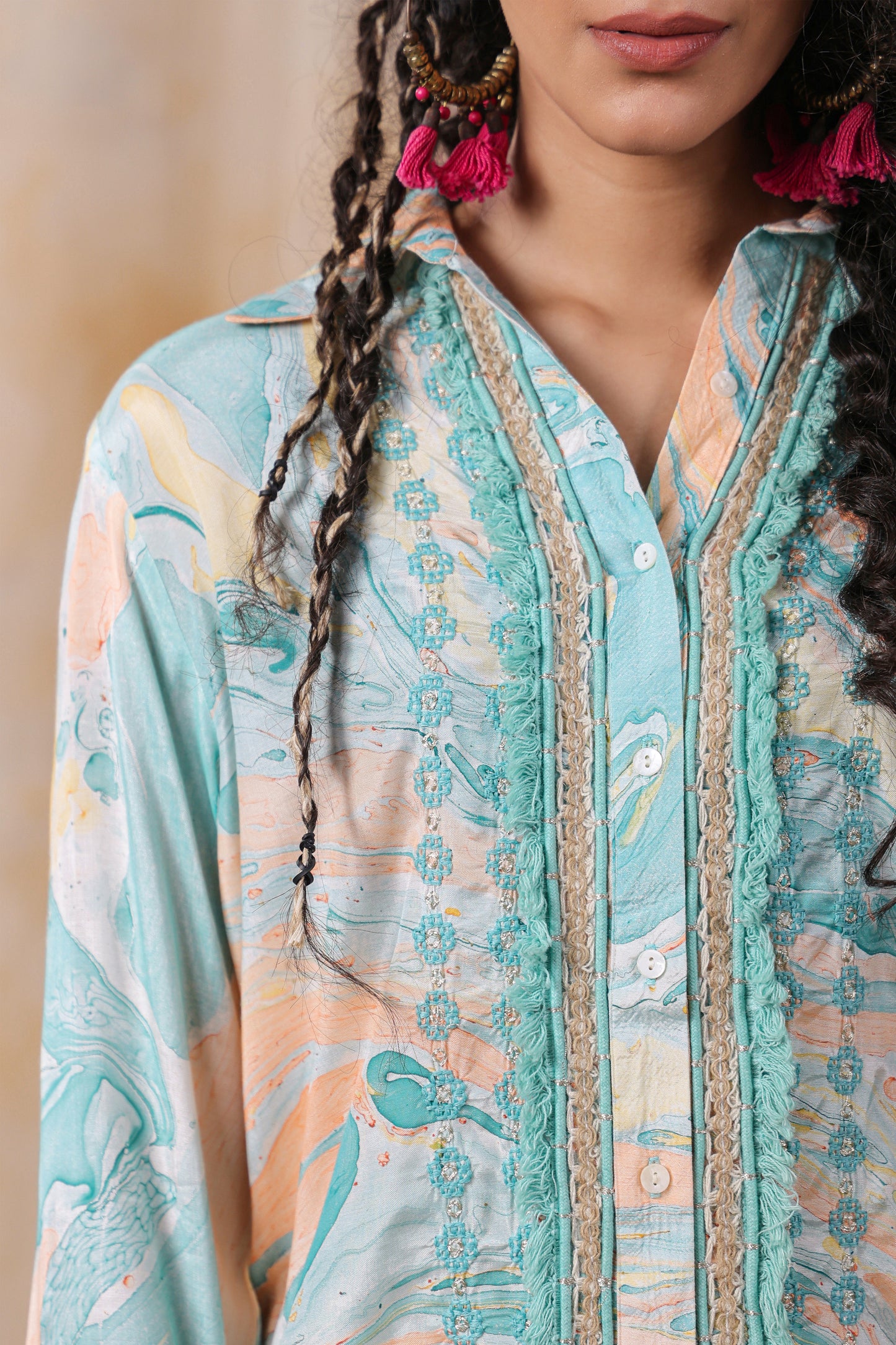 Turquoise Color Embroidered Muslin Co-Ord Set