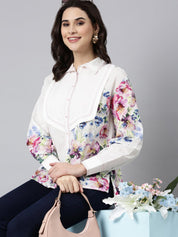 White Cotton Cambric Full-Sleeve Shirt with Patch Print