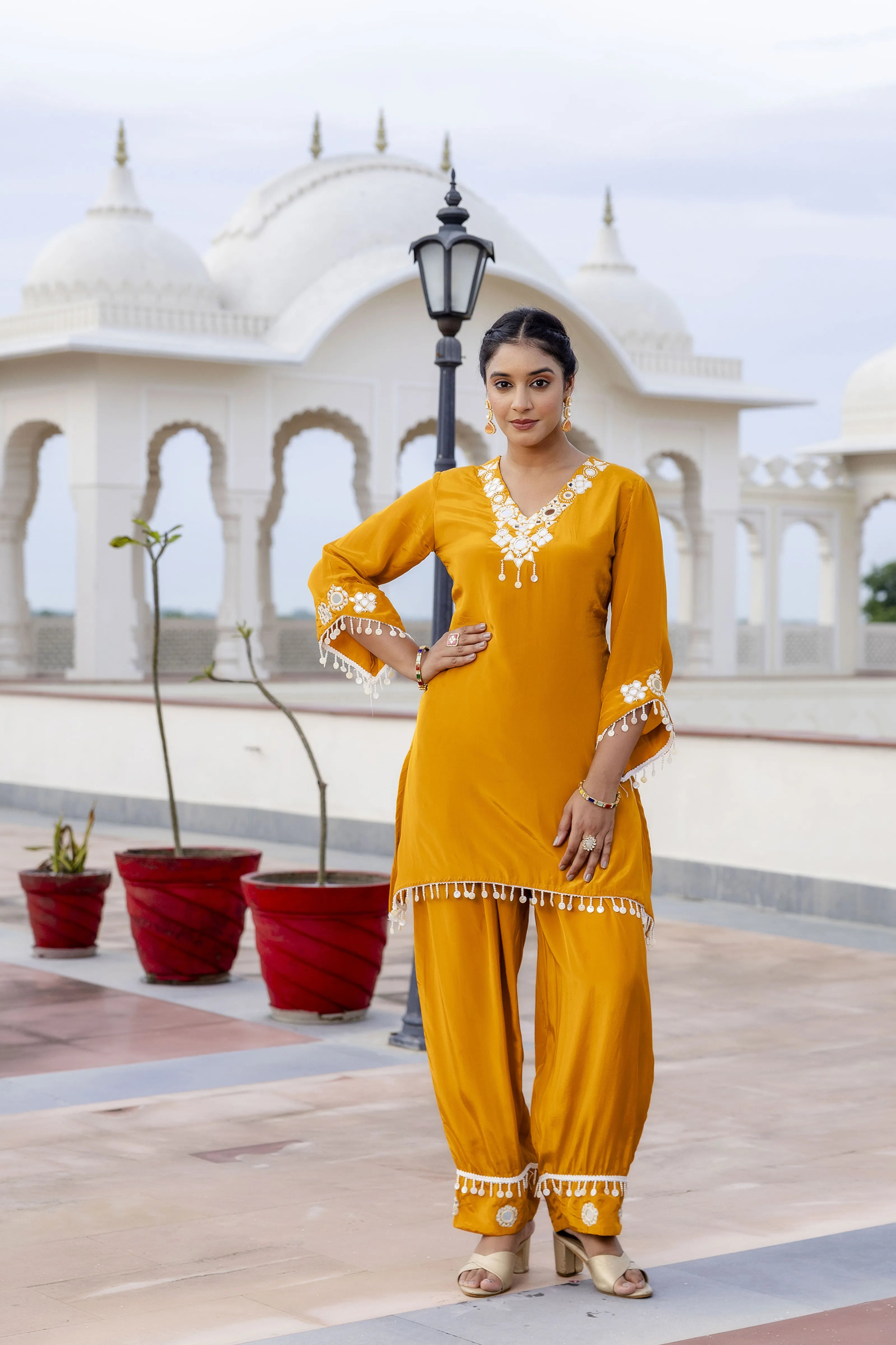 Mustard Mirror Embroidered Co-ord Set in Crepe