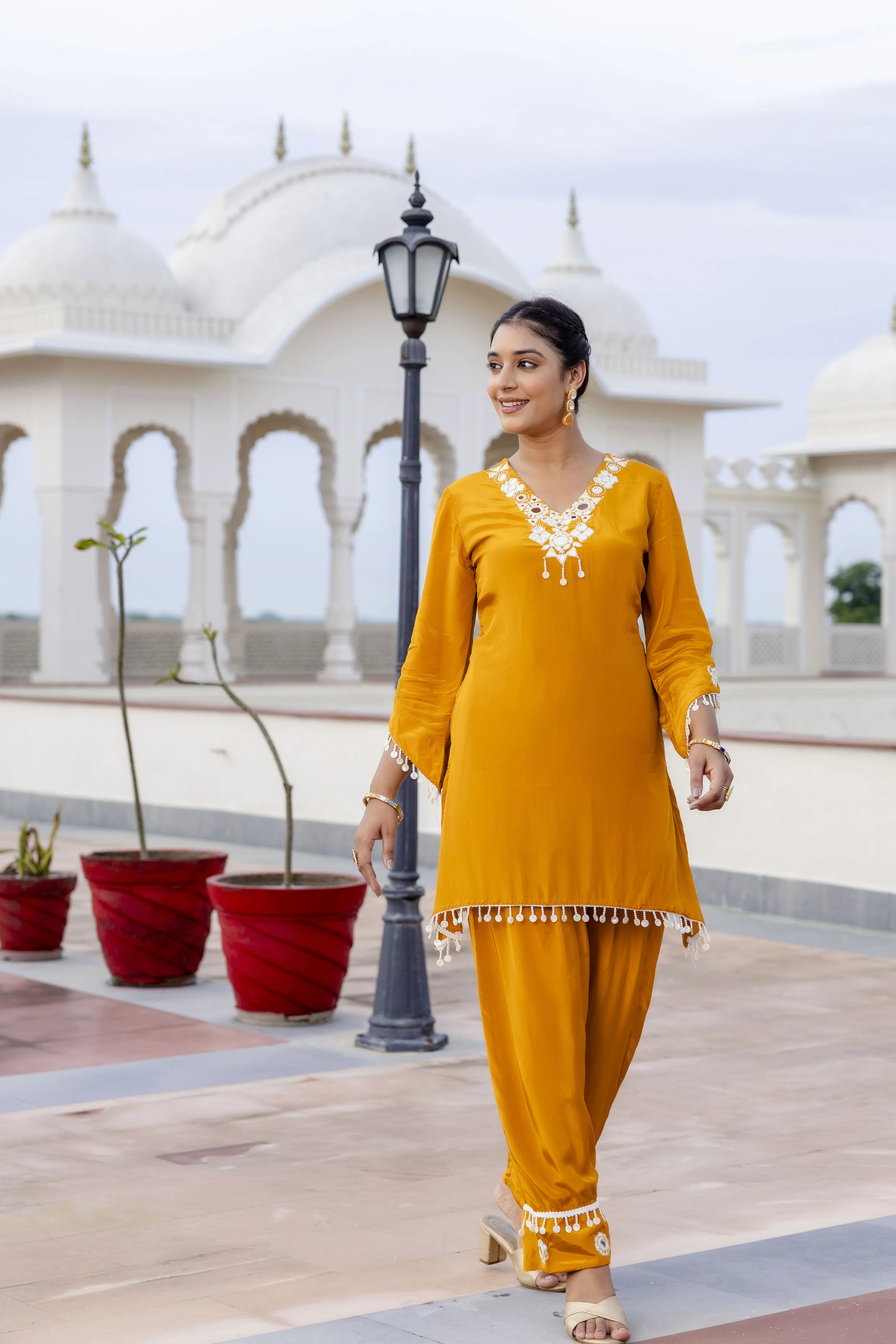 Mustard Mirror Embroidered Co-ord Set in Crepe