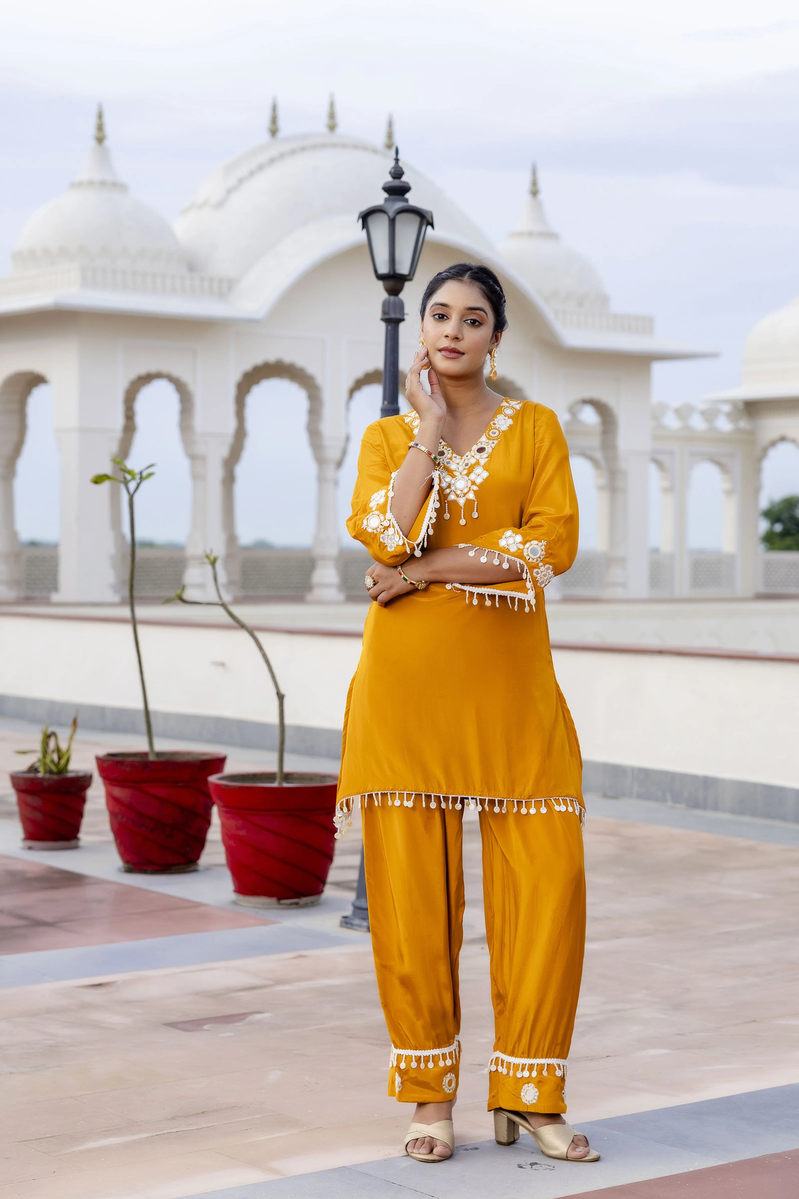 Mustard Mirror Embroidered Co-ord Set in Crepe