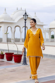 Mustard Mirror Embroidered Co-ord Set in Crepe