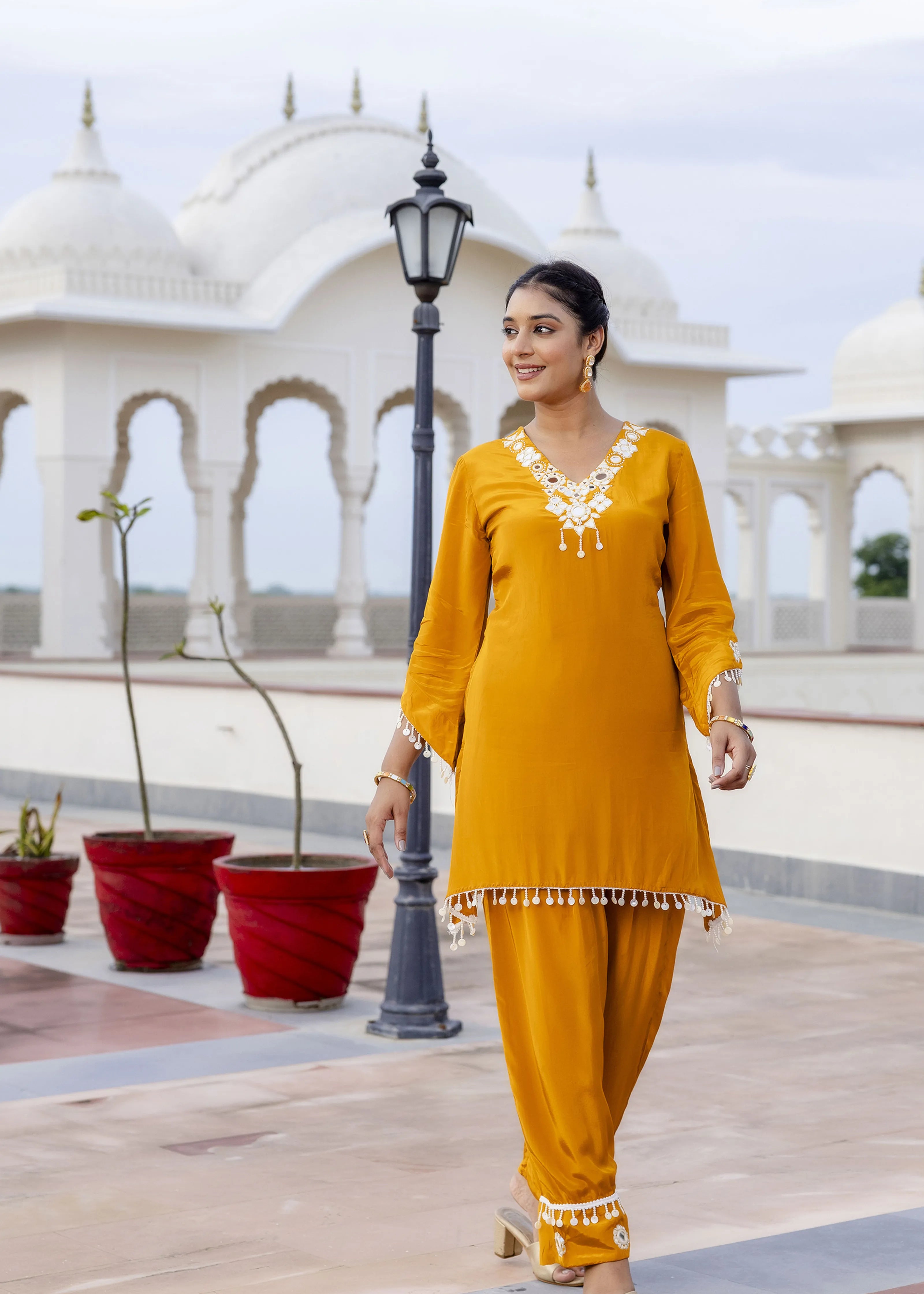 Mustard Mirror Embroidered Co-ord Set in Crepe