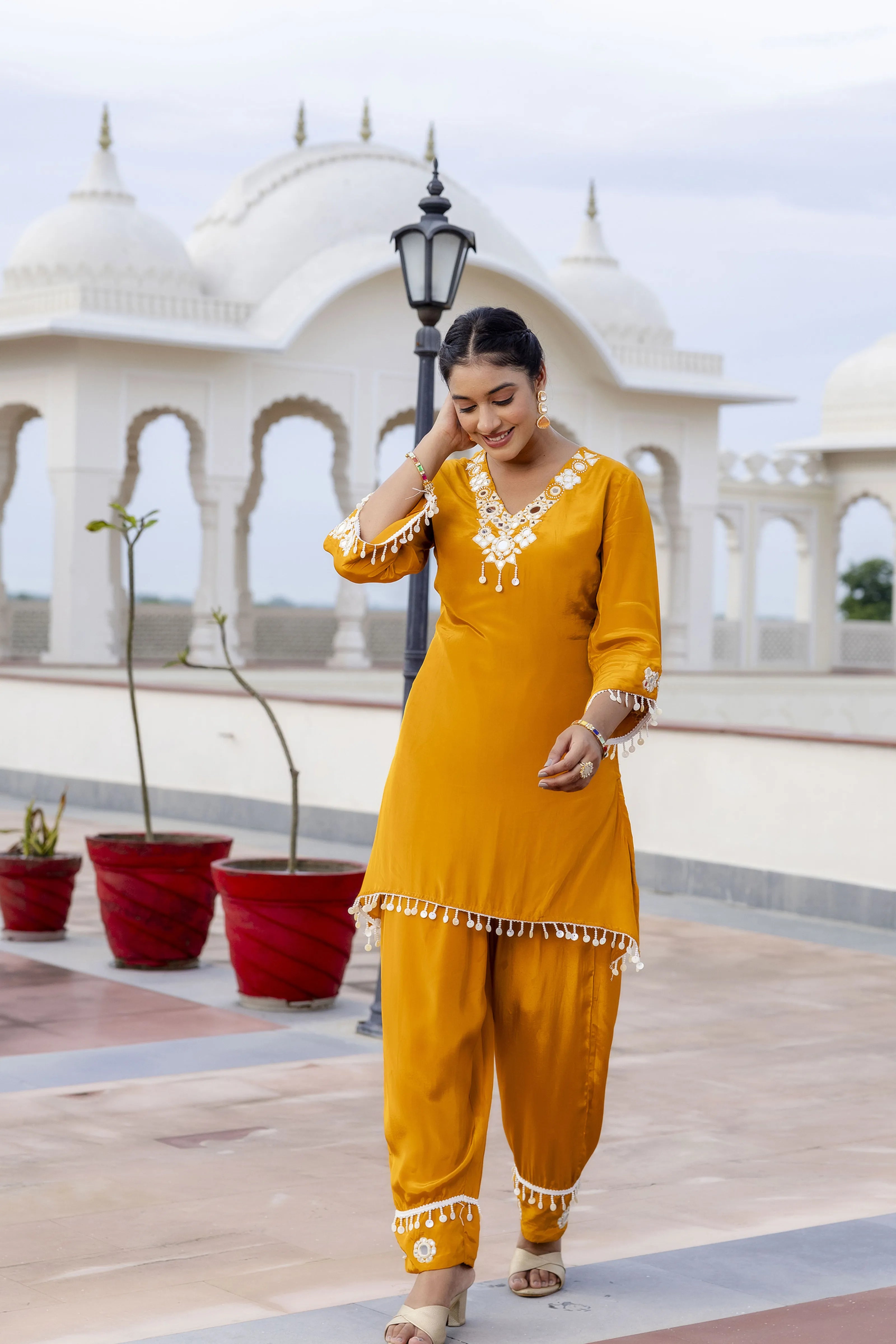 Mustard Mirror Embroidered Co-ord Set in Crepe