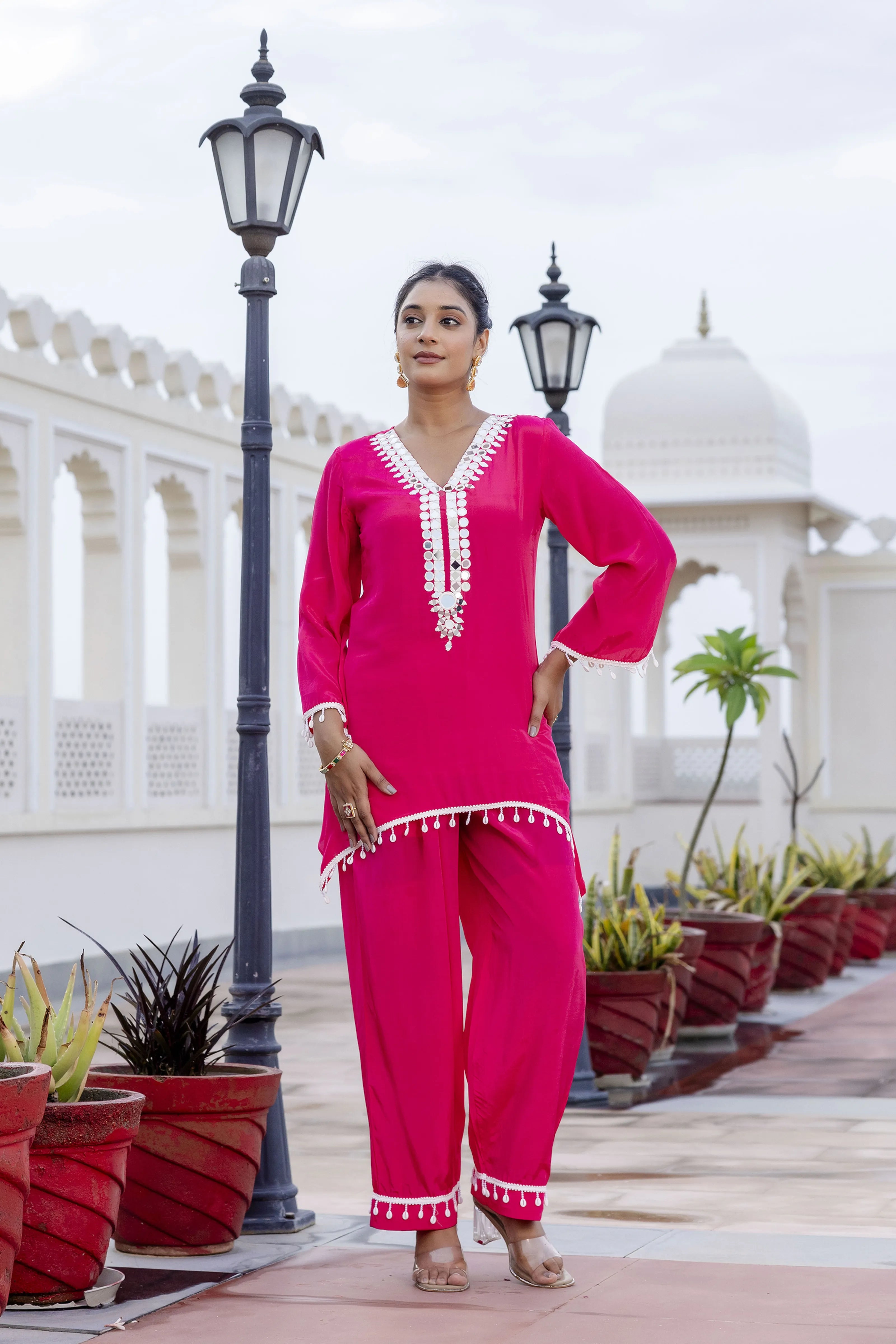 Rani Pink Mirror Embroidered Co-ord Set in Crepe