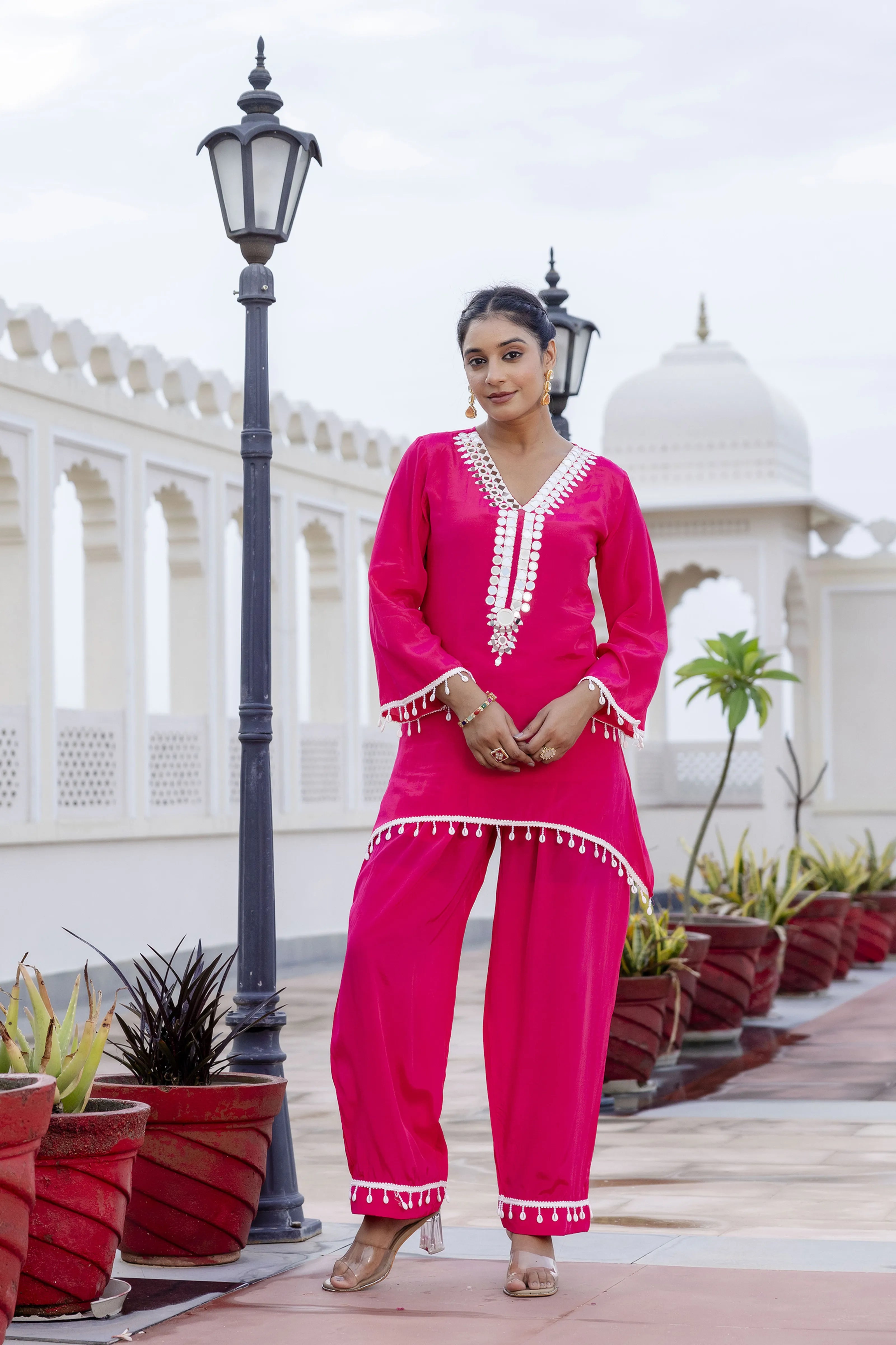 Rani Pink Mirror Embroidered Co-ord Set in Crepe