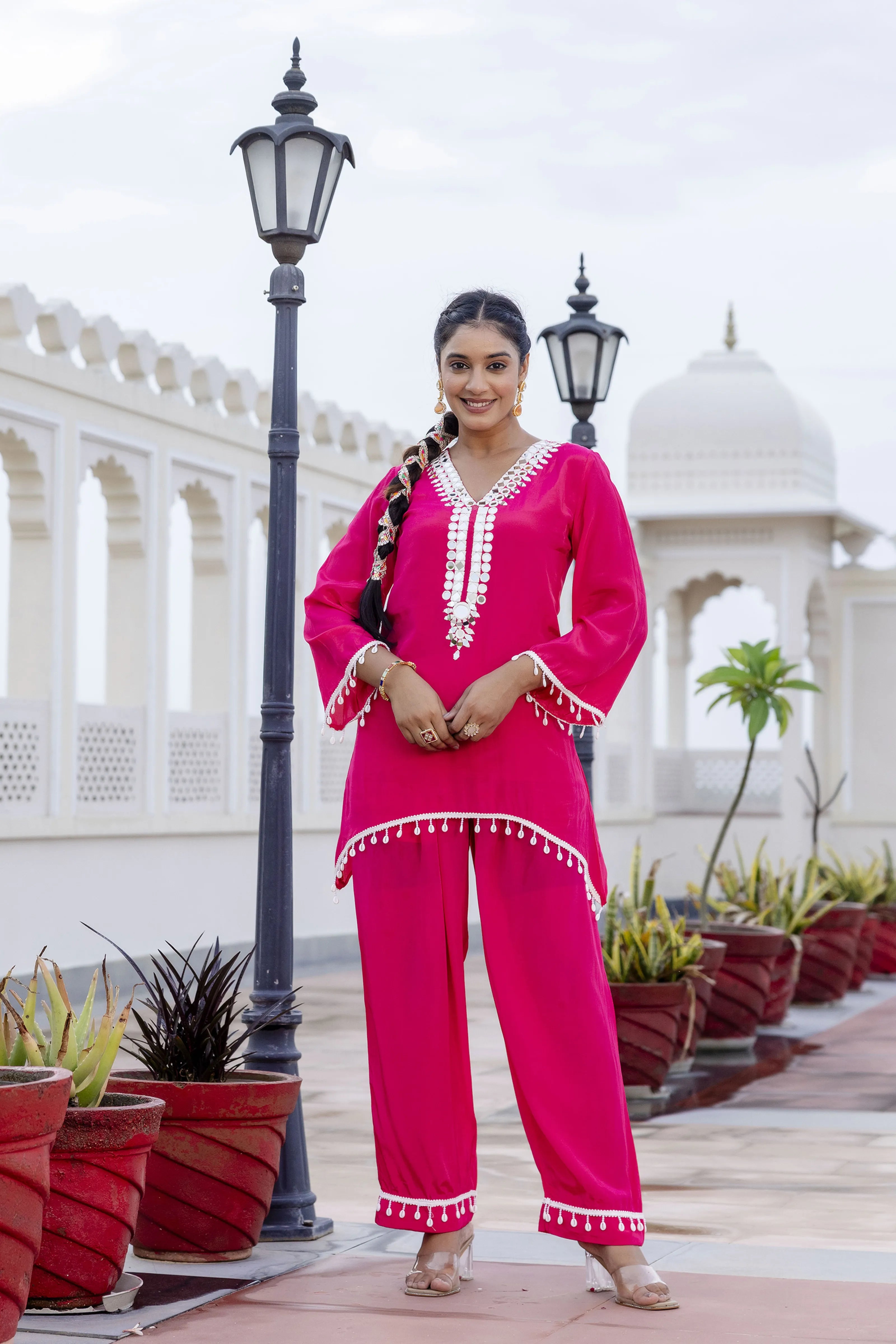 Rani Pink Mirror Embroidered Co-ord Set in Crepe