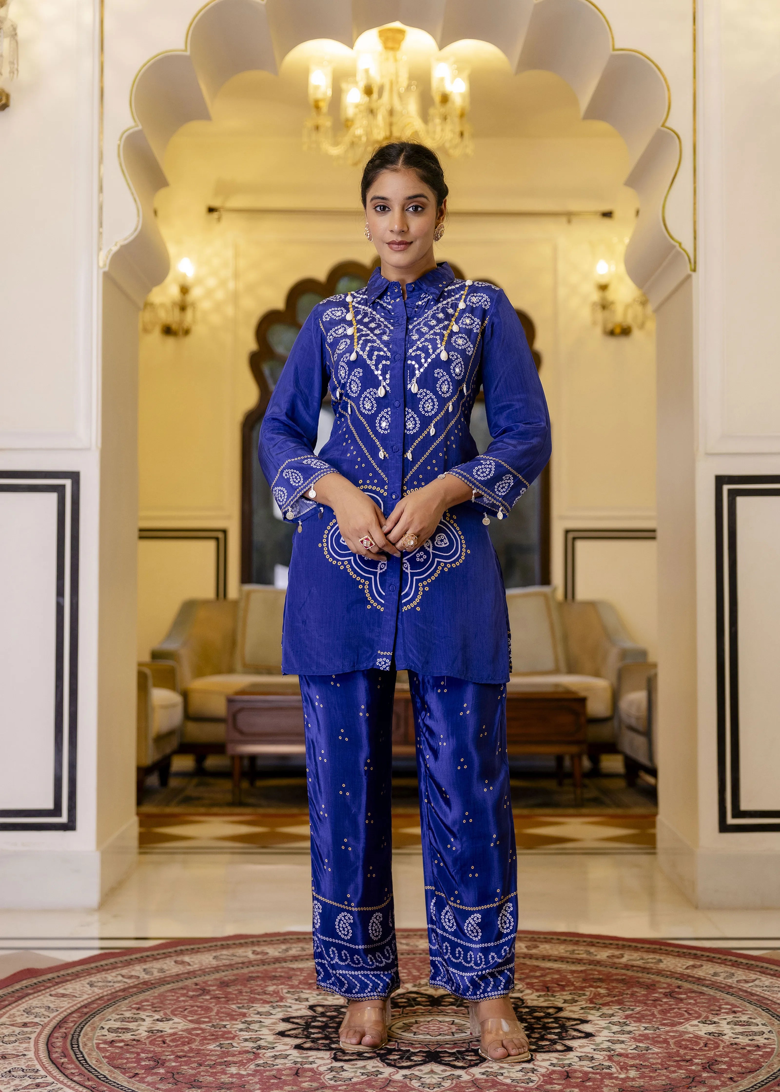 Electric Blue Mirror Embroidered Bandhani Co-ord Set