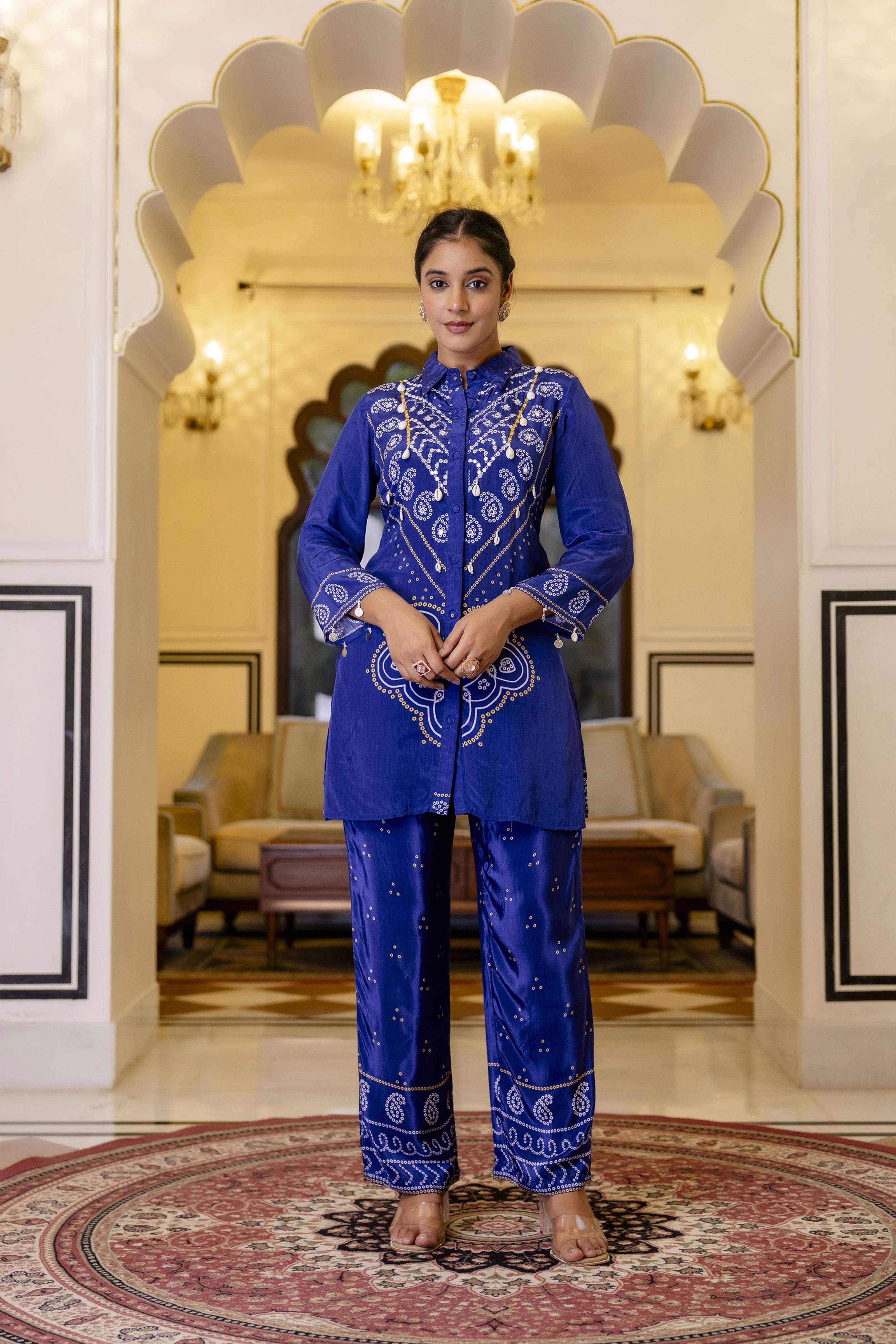 Electric Blue Mirror Embroidered Bandhani Co-ord Set