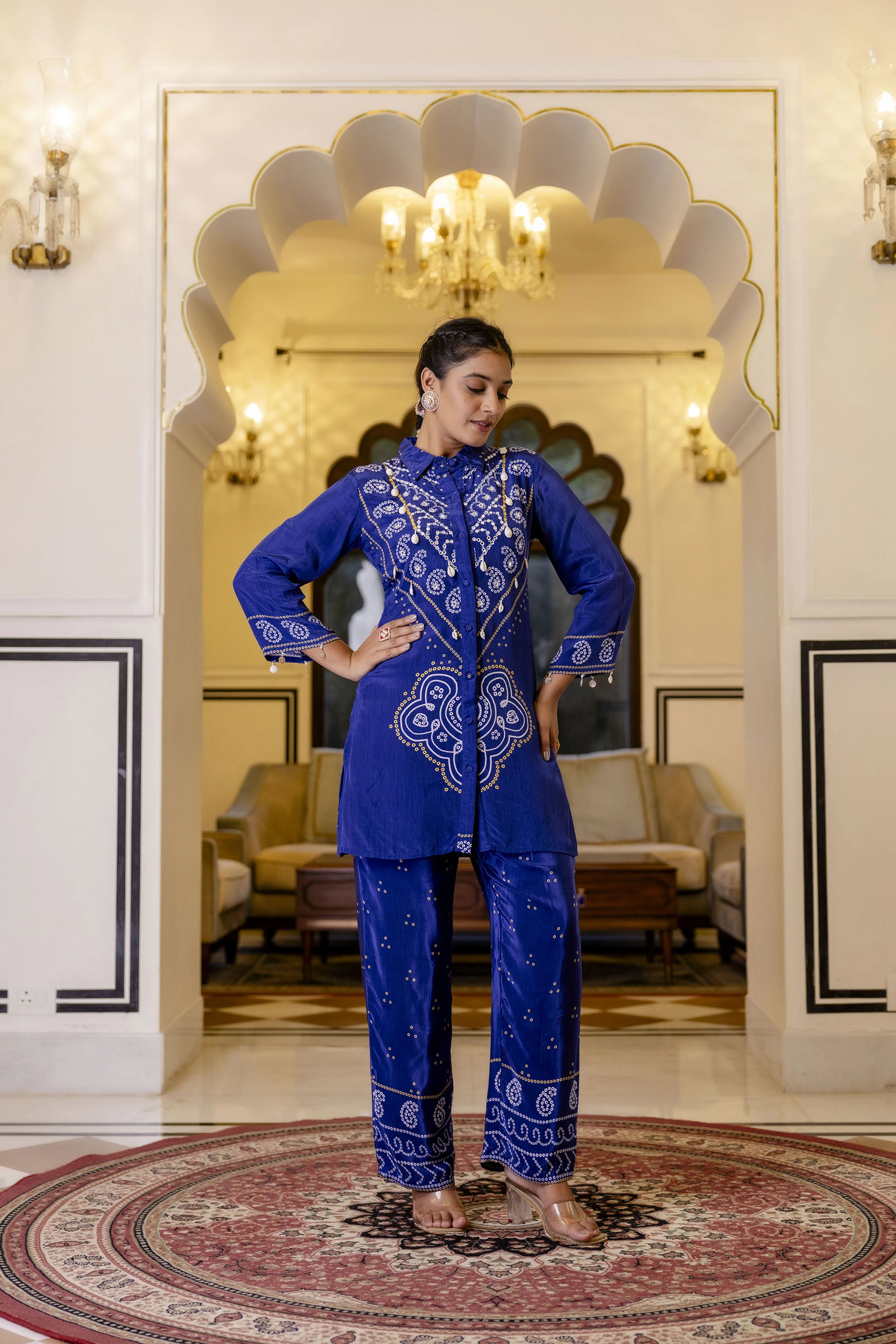 Electric Blue Mirror Embroidered Bandhani Co-ord Set