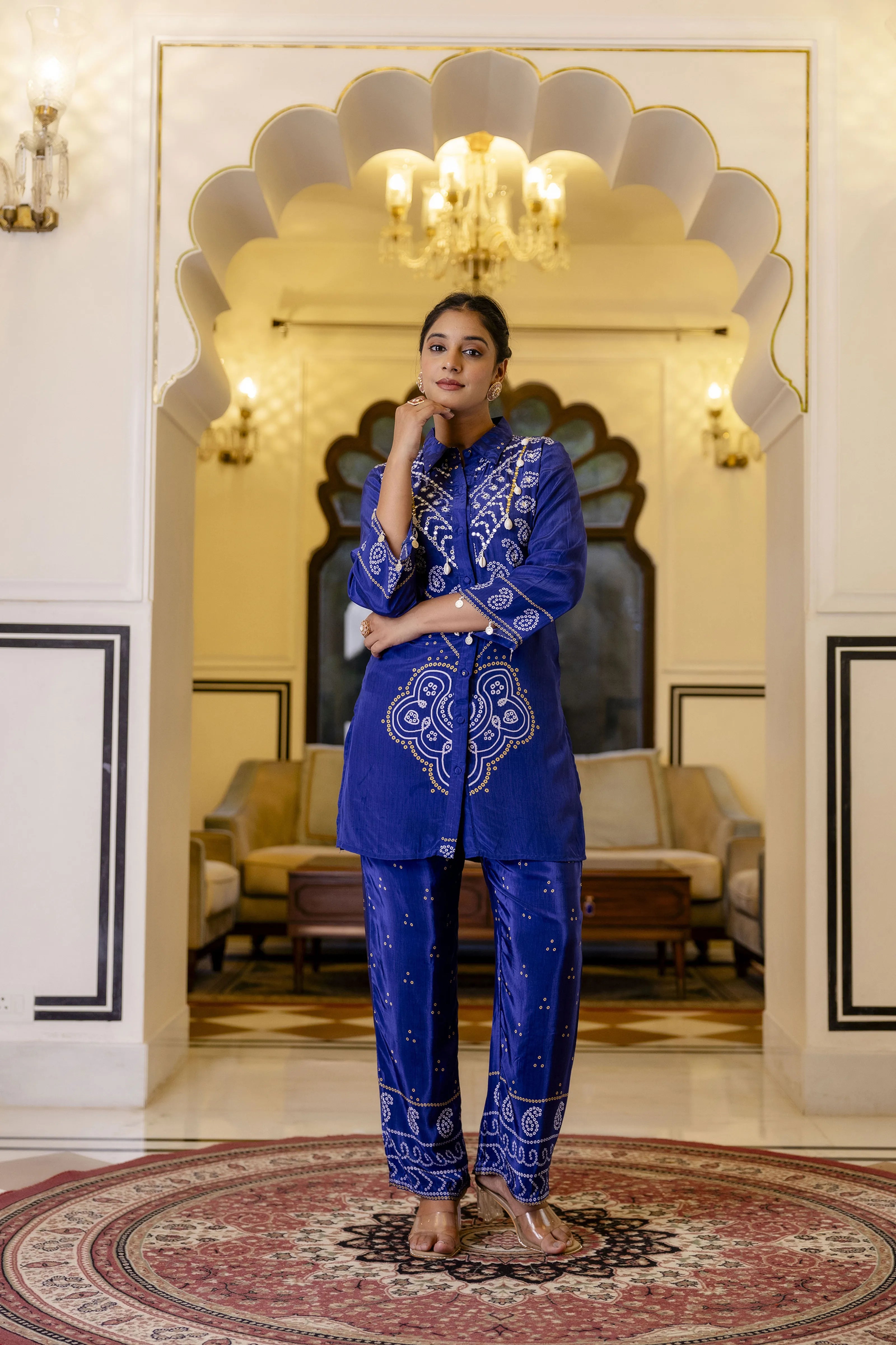 Electric Blue Mirror Embroidered Bandhani Co-ord Set