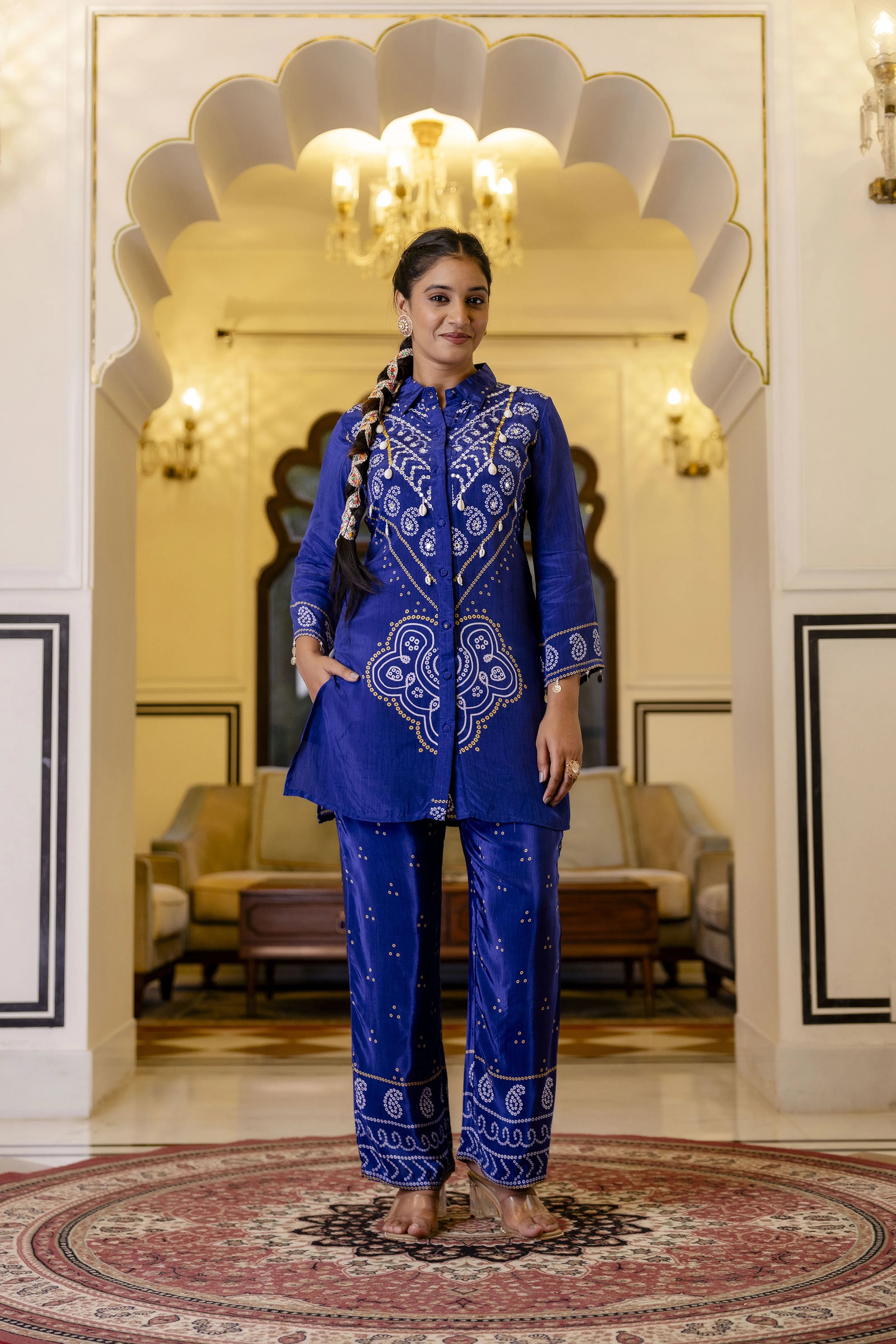 Electric Blue Mirror Embroidered Bandhani Co-ord Set