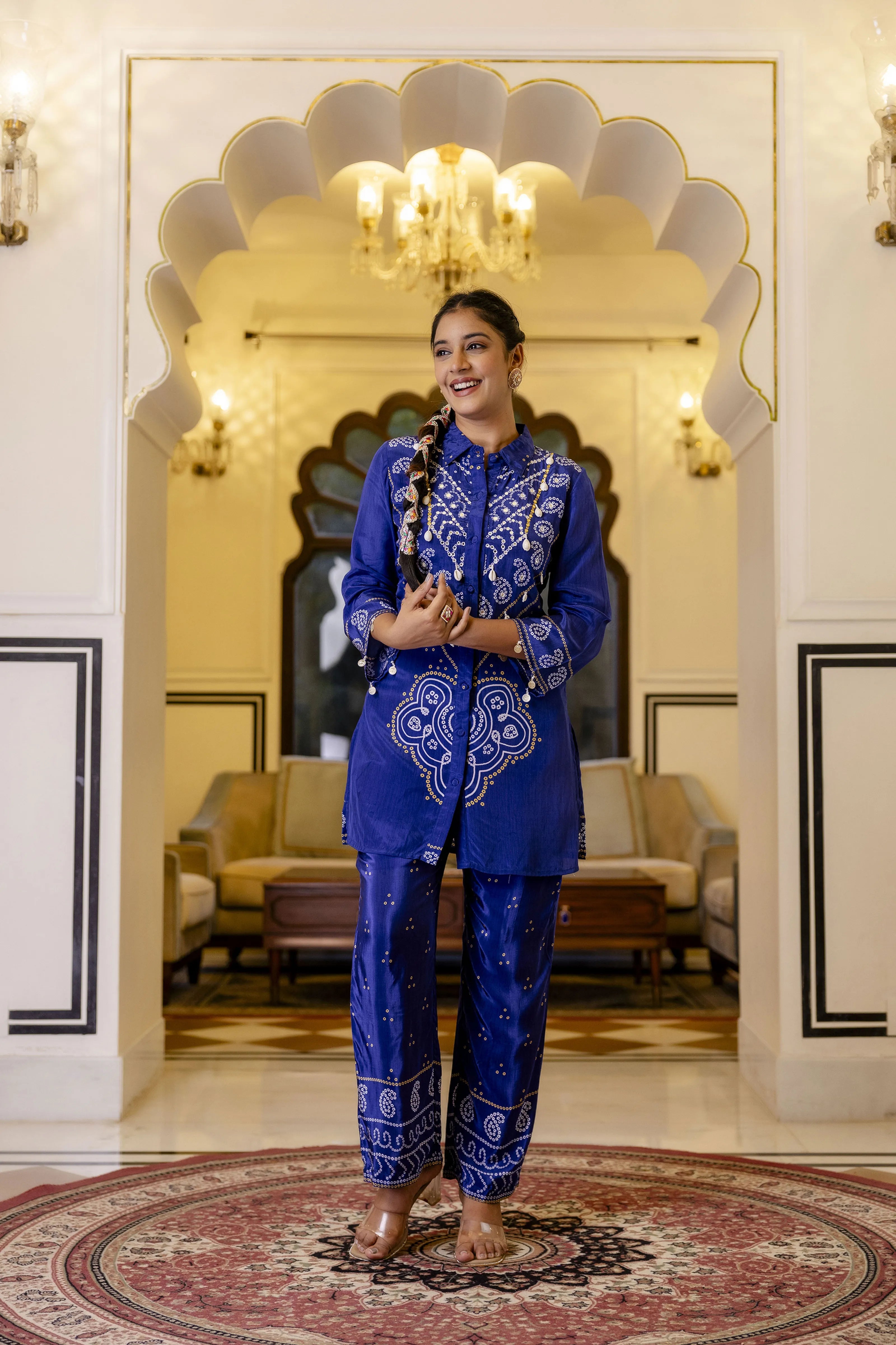 Electric Blue Mirror Embroidered Bandhani Co-ord Set