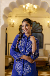 Electric Blue Mirror Embroidered Bandhani Co-ord Set