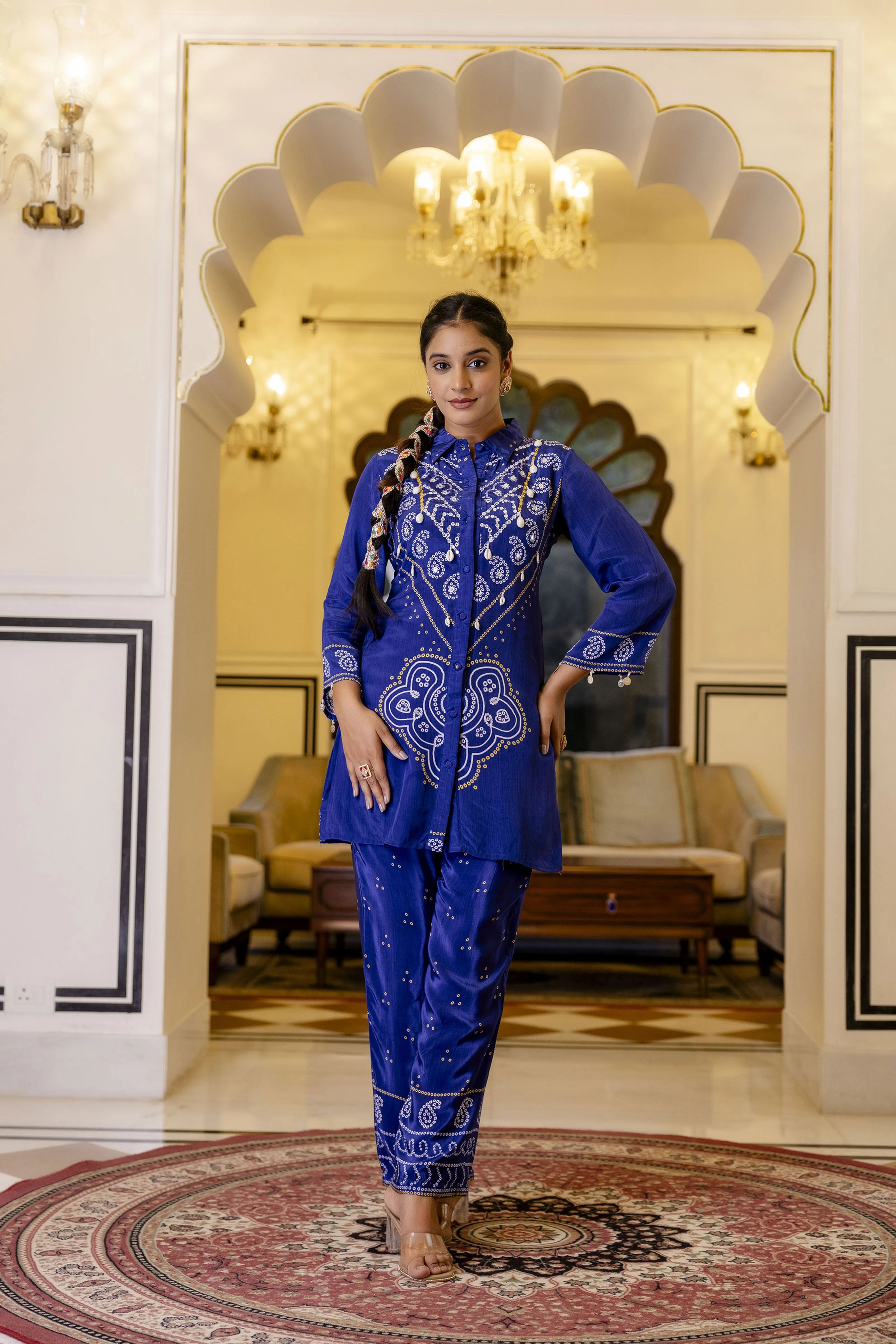 Electric Blue Mirror Embroidered Bandhani Co-ord Set