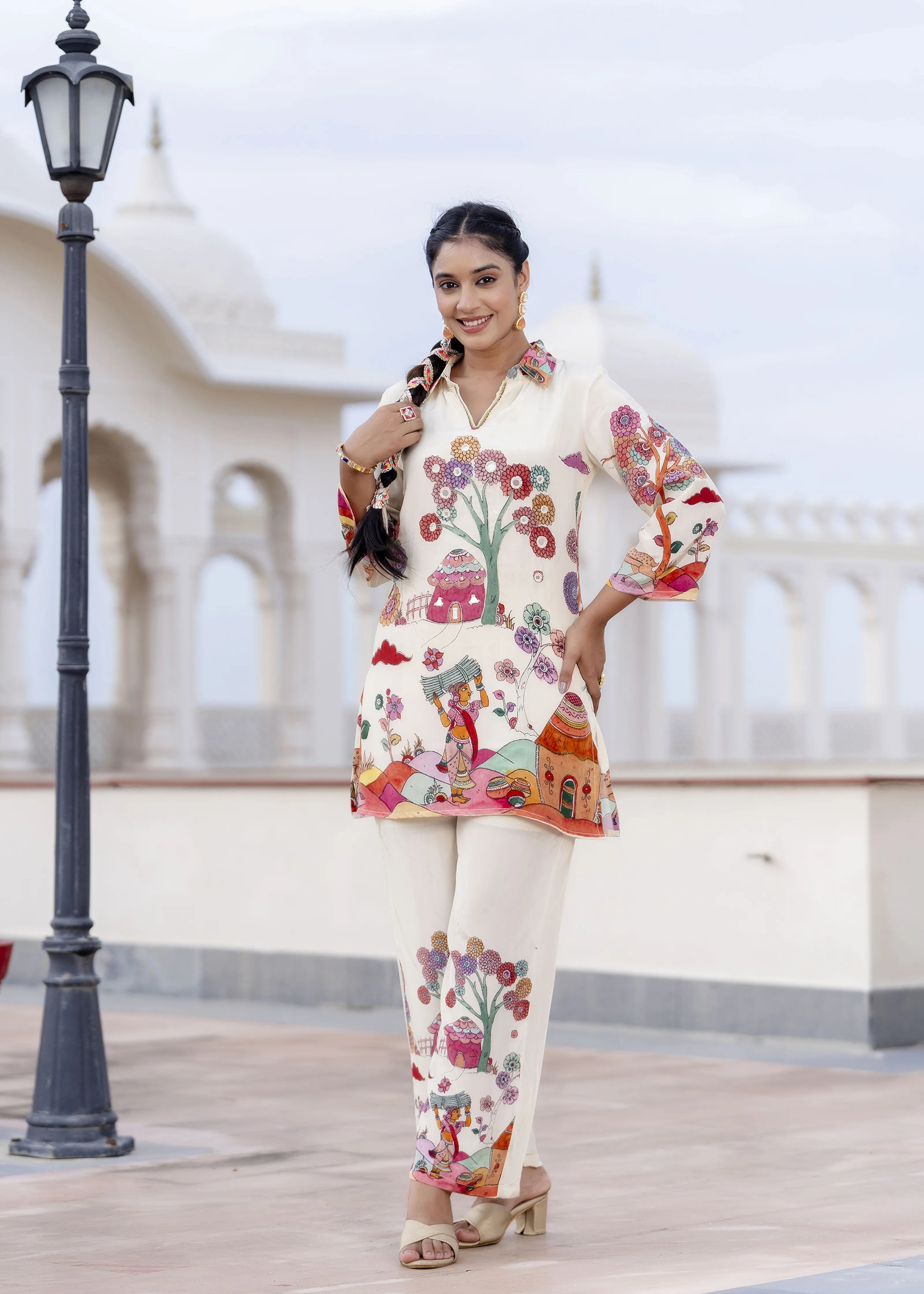 Off-White Base Multicolor Village Story Co-ord Set