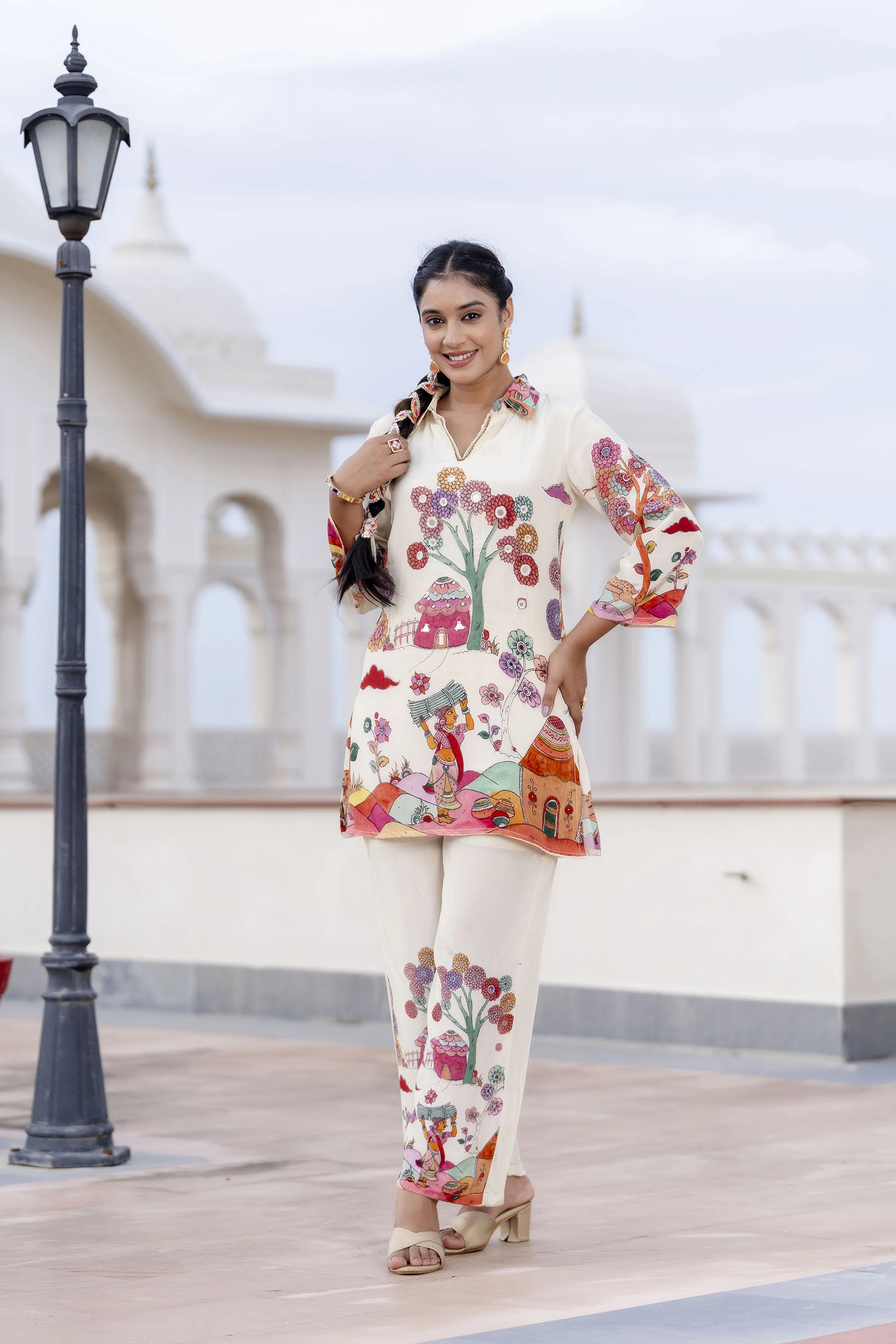 Off-White Base Multicolor Village Story Co-ord Set