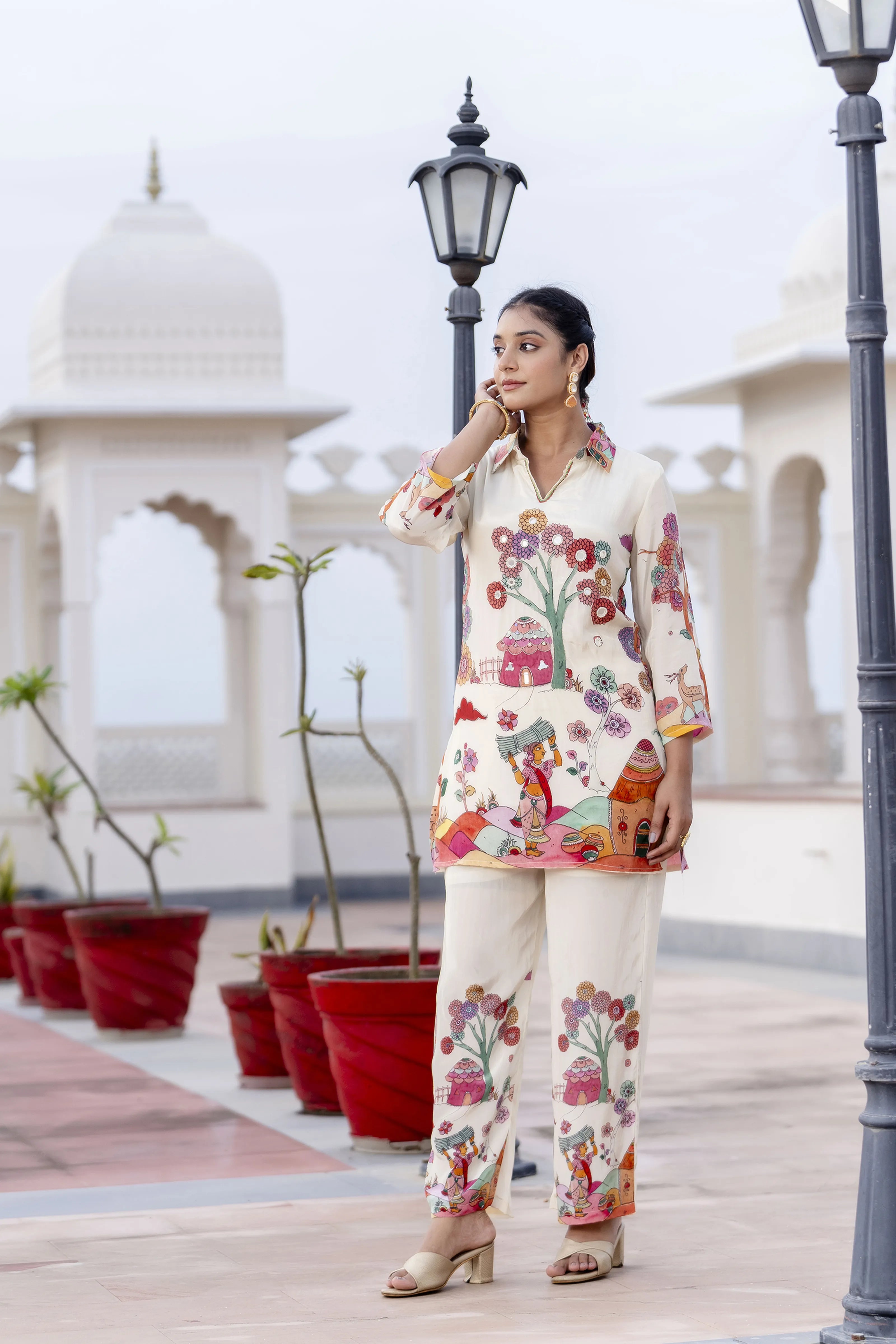 Off-White Base Multicolor Village Story Co-ord Set