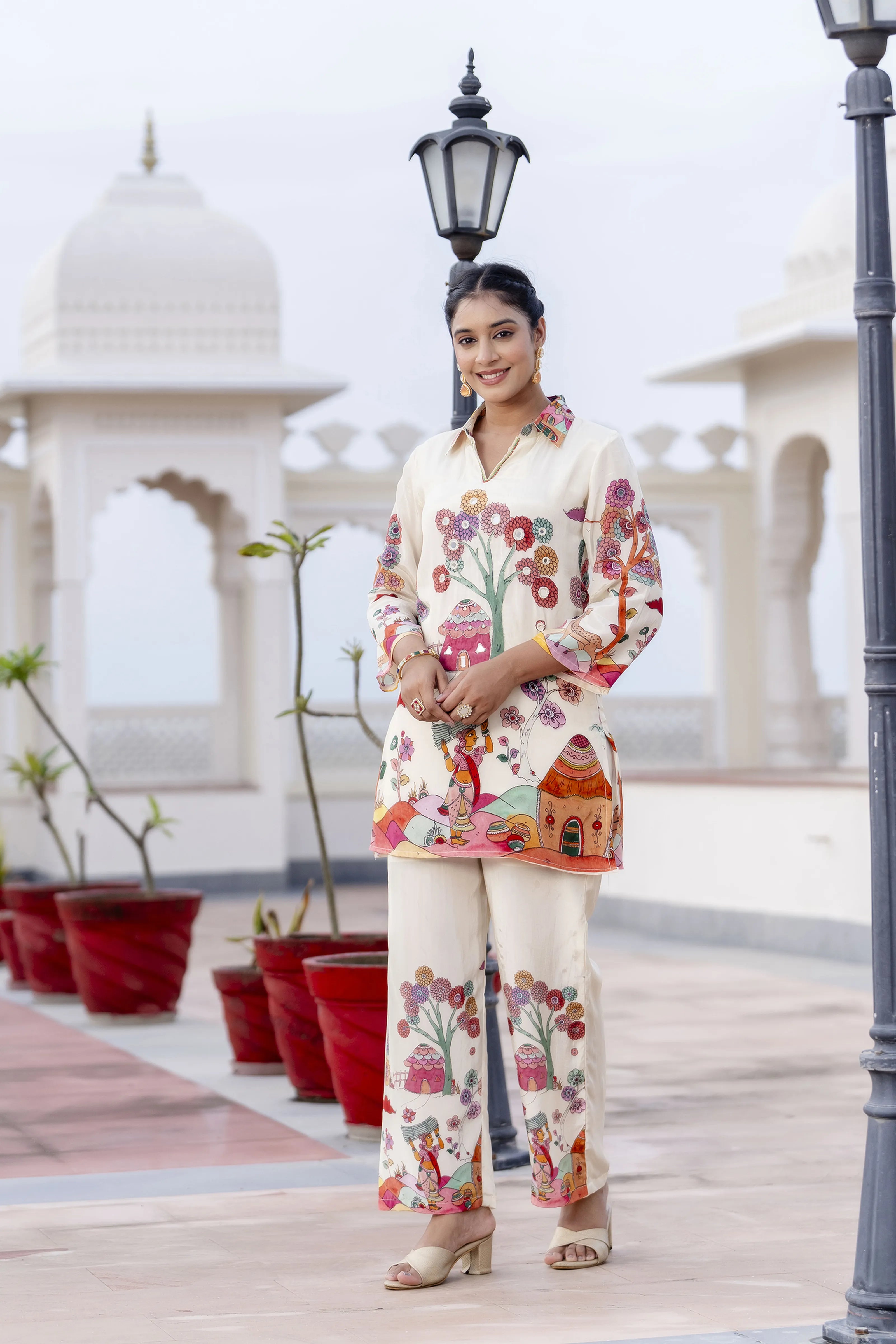 Off-White Base Multicolor Village Story Co-ord Set