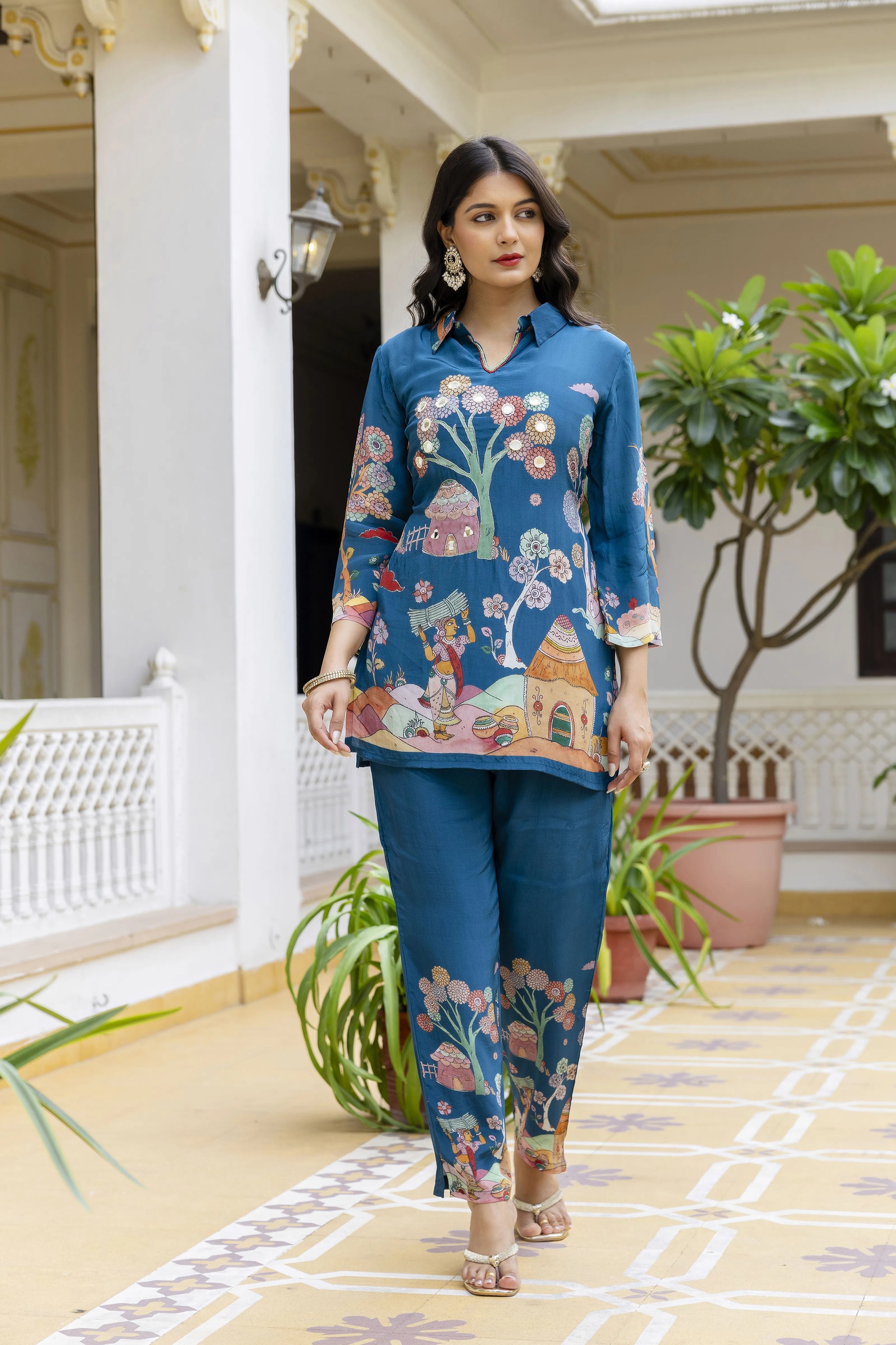 Peacock Blue With Village Story Print Embroidered Crepe Co-ord Set