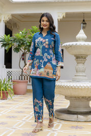 Peacock Blue With Village Story Print Embroidered Crepe Co-ord Set