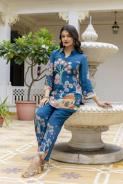 Peacock Blue With Village Story Print Embroidered Crepe Co-ord Set