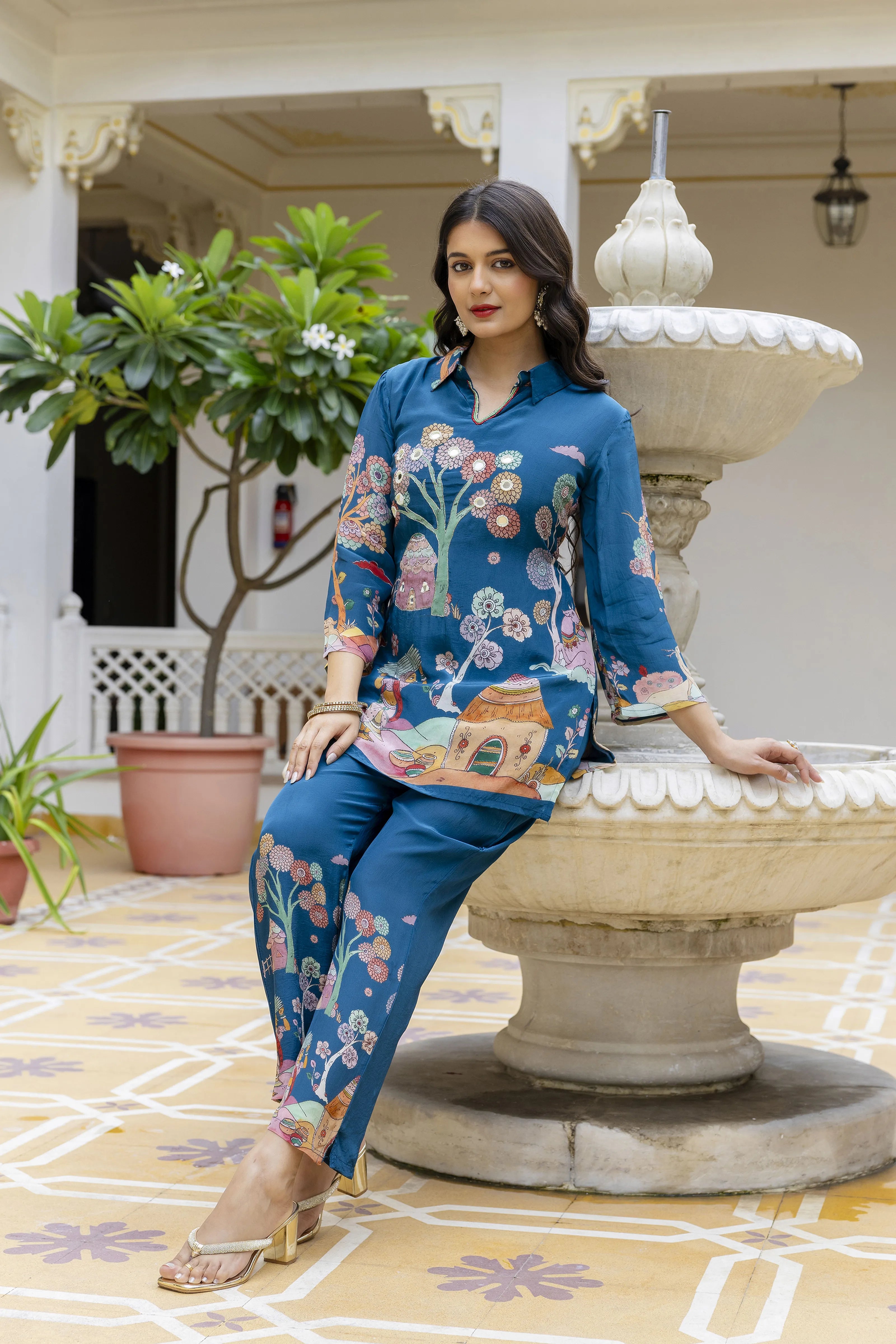 Peacock Blue With Village Story Print Embroidered Crepe Co-ord Set