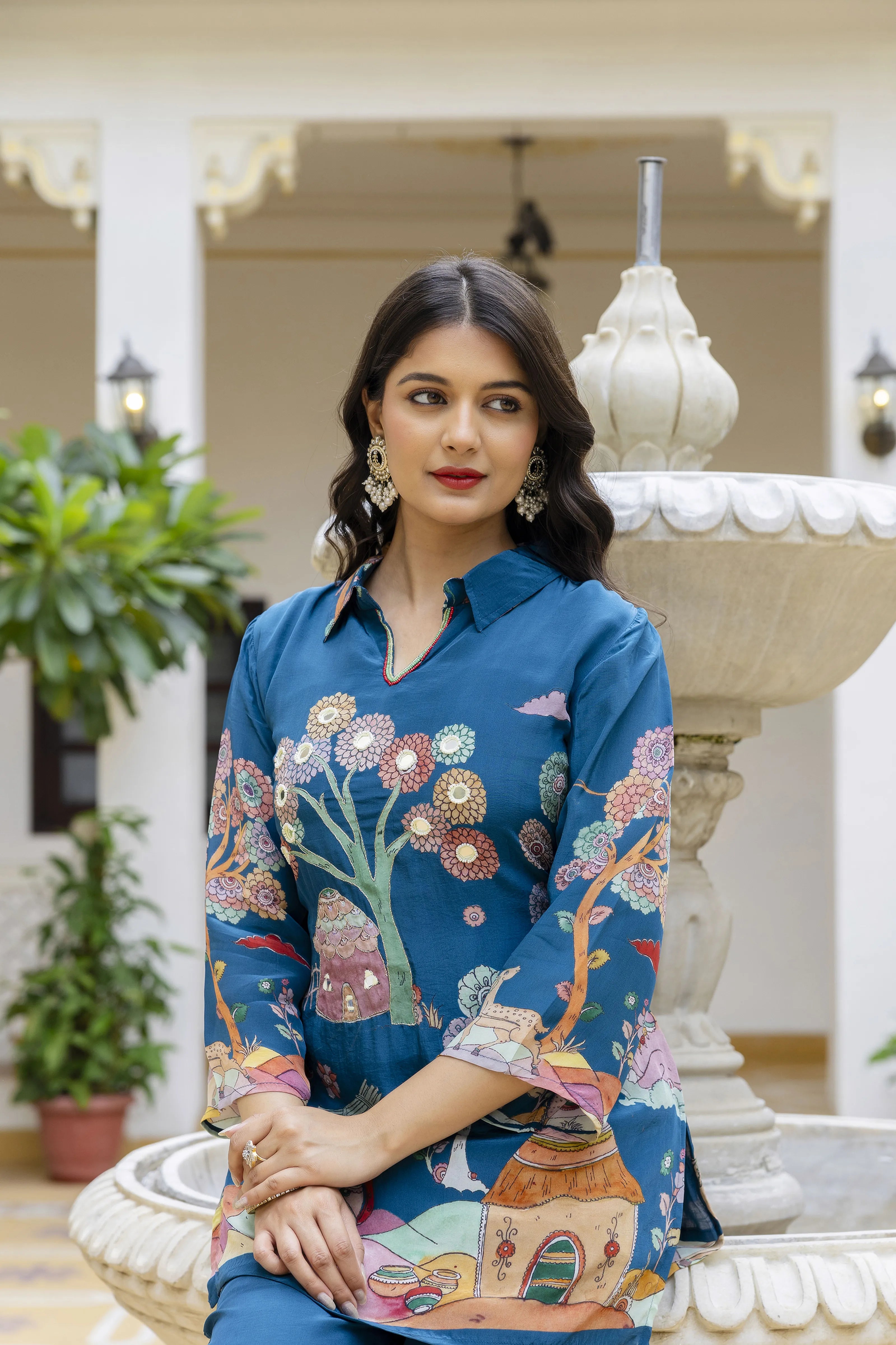 Peacock Blue With Village Story Print Embroidered Crepe Co-ord Set