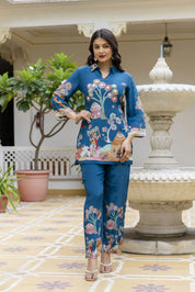 Peacock Blue With Village Story Print Embroidered Crepe Co-ord Set