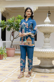 Peacock Blue With Village Story Print Embroidered Crepe Co-ord Set