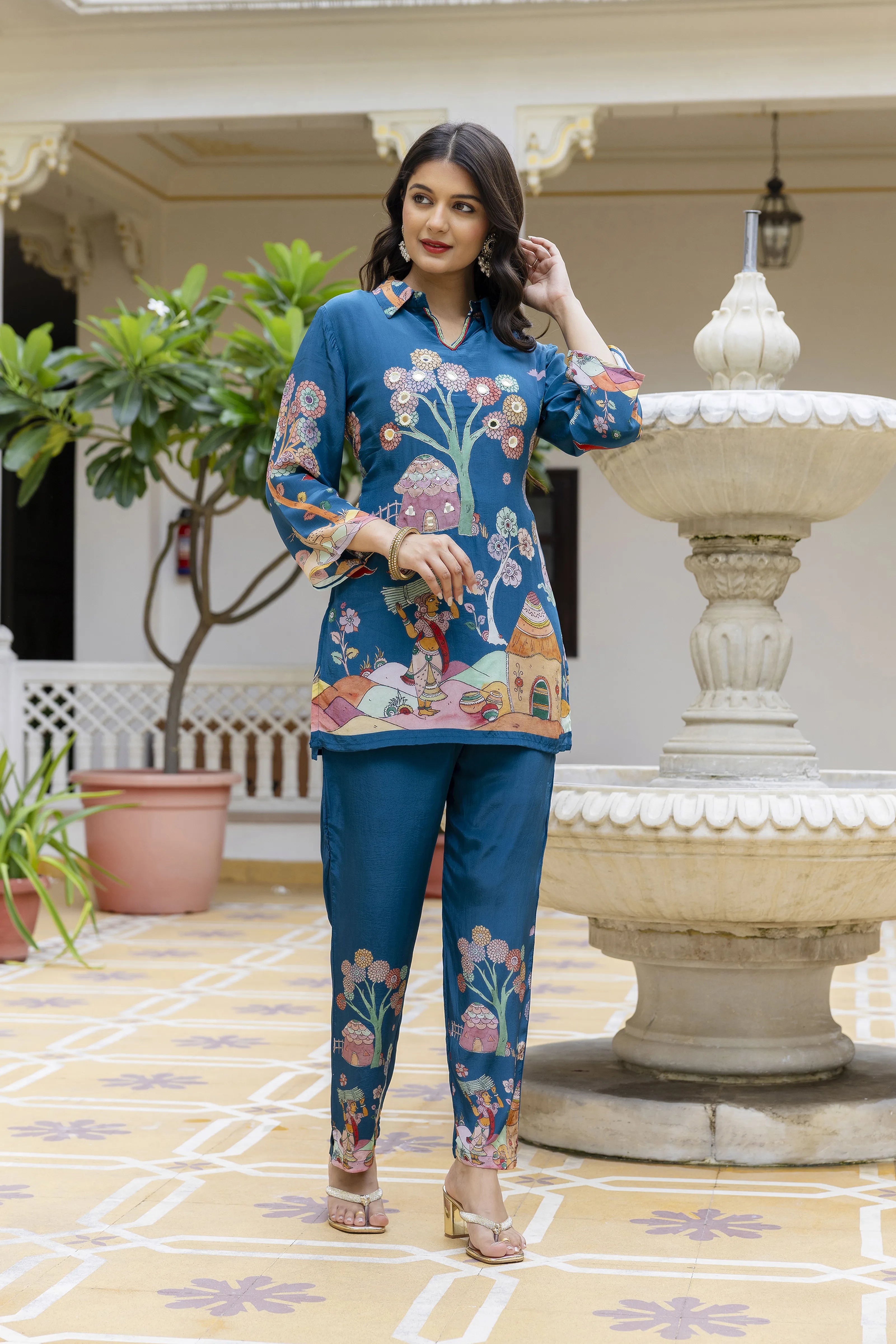 Peacock Blue With Village Story Print Embroidered Crepe Co-ord Set