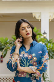 Peacock Blue With Village Story Print Embroidered Crepe Co-ord Set