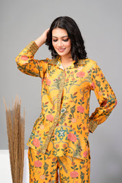 Mustard Yellow Floral Embroidered Printed Muslin Co-ord Set