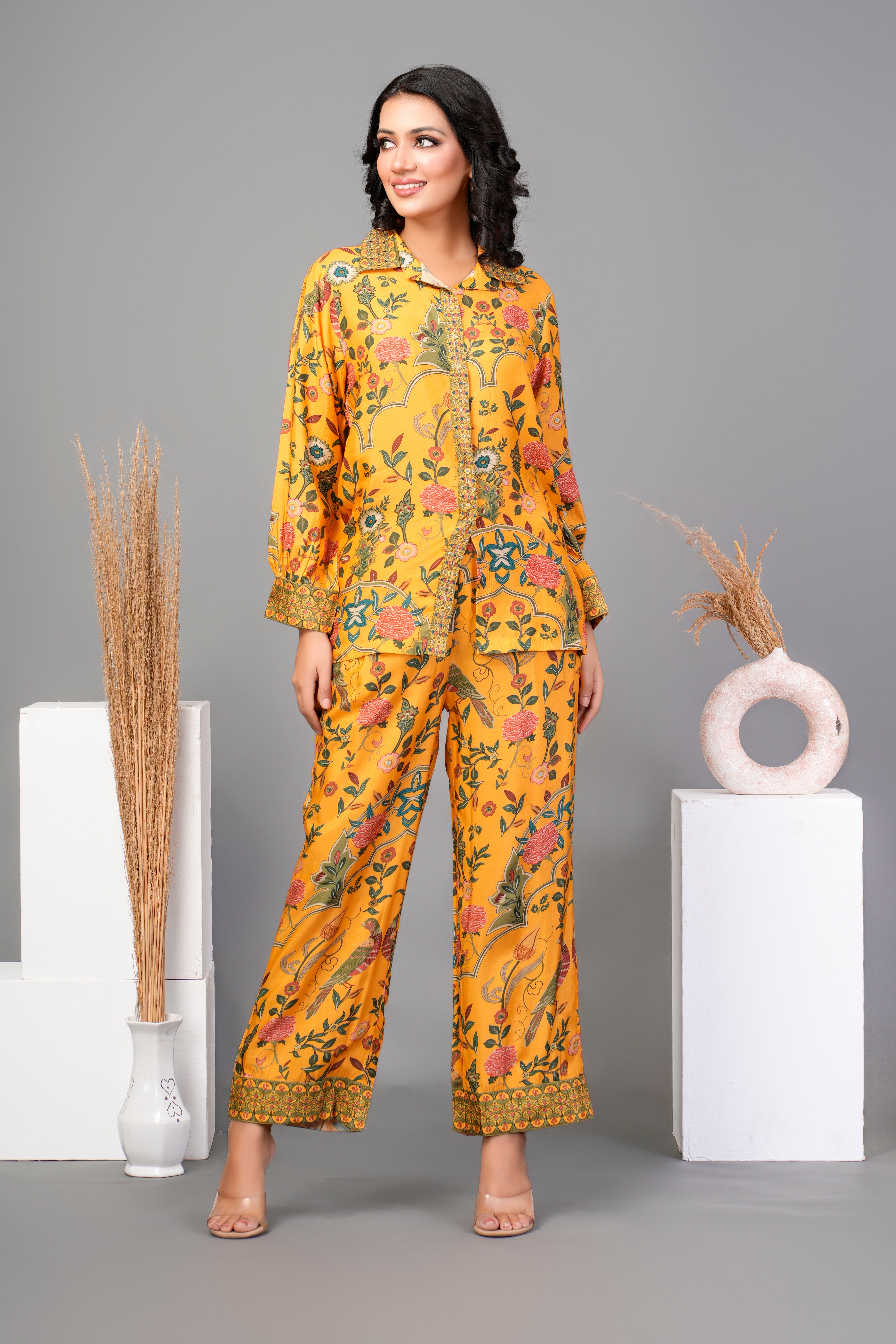 Mustard Yellow Floral Embroidered Printed Muslin Co-ord Set