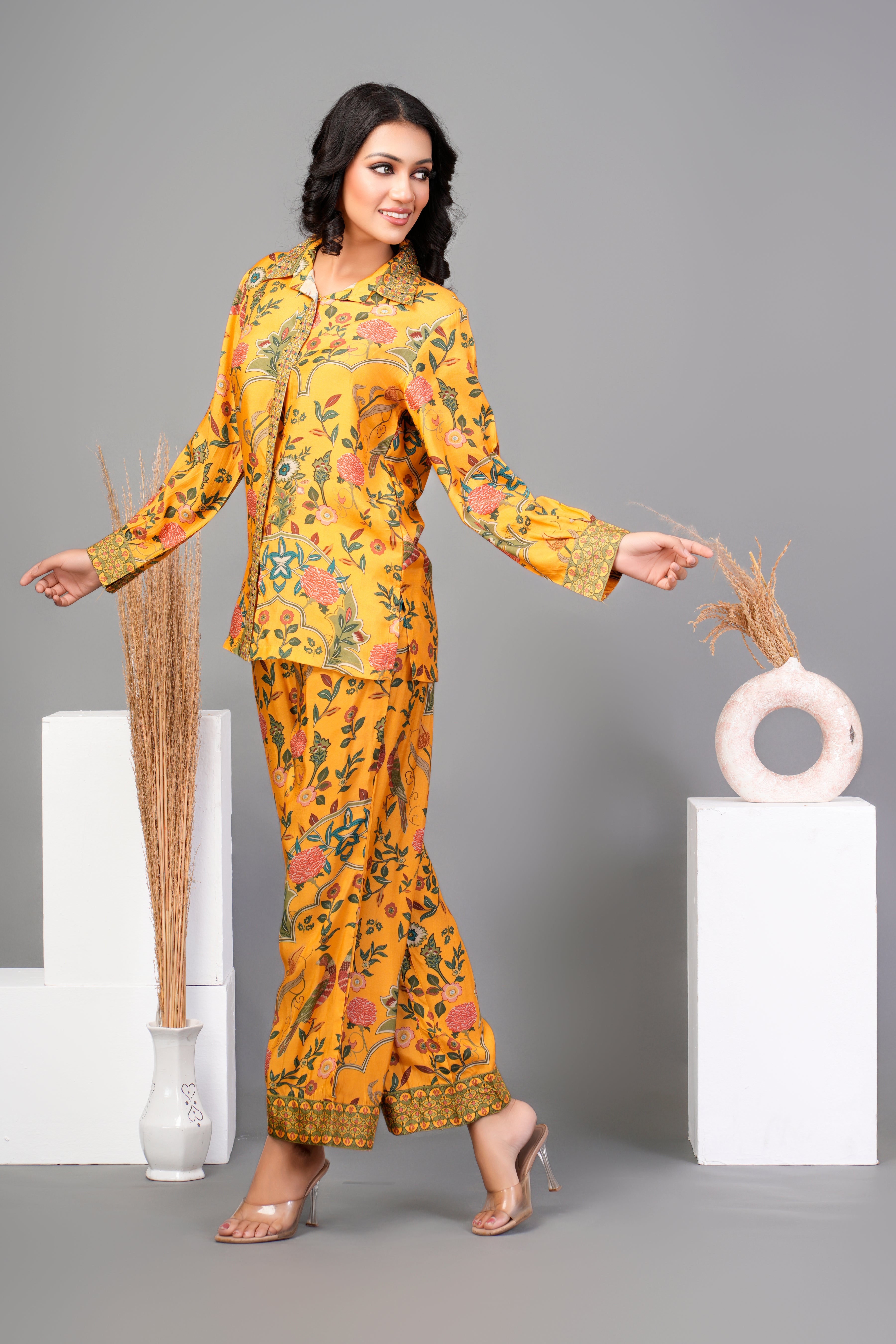 Mustard Yellow Floral Embroidered Printed Muslin Co-ord Set