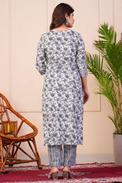 Grey Cotton Floral Printed Kurta Set - Kaftanize