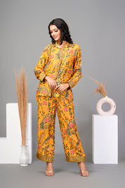 Mustard Yellow Floral Embroidered Printed Muslin Co-ord Set